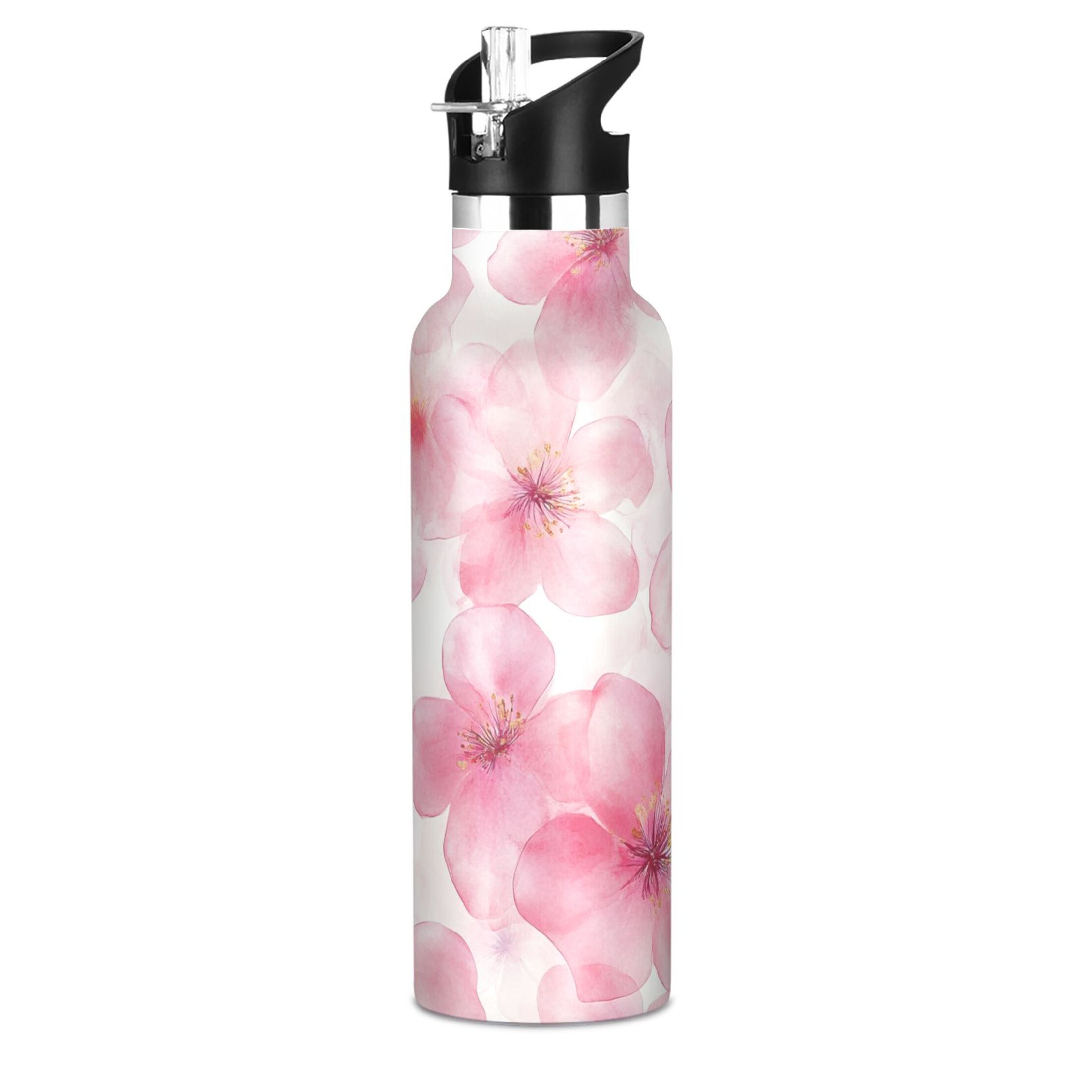 600ML Stainless Steel Insulated Cup Sports Water Bottle Portable Thermos Cup Water Glasses Insulated Tumblers Convenient and Durable Beautiful Pink Flower