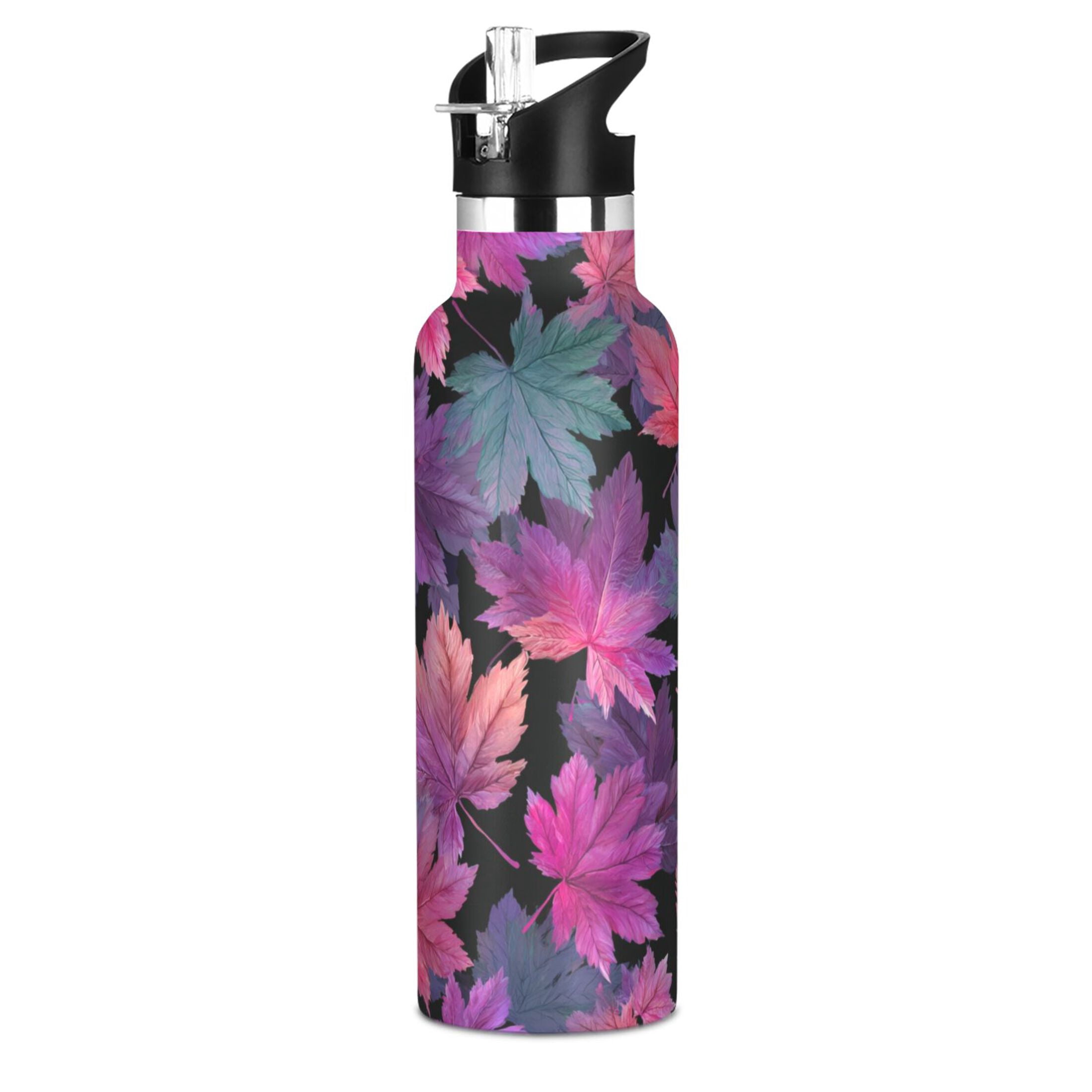 600ML Stainless Steel Insulated Cup Sports Water Bottle Portable Thermos Cup Water Glasses Insulated Tumblers Convenient and Durable Beautiful Pink Maple Leaves