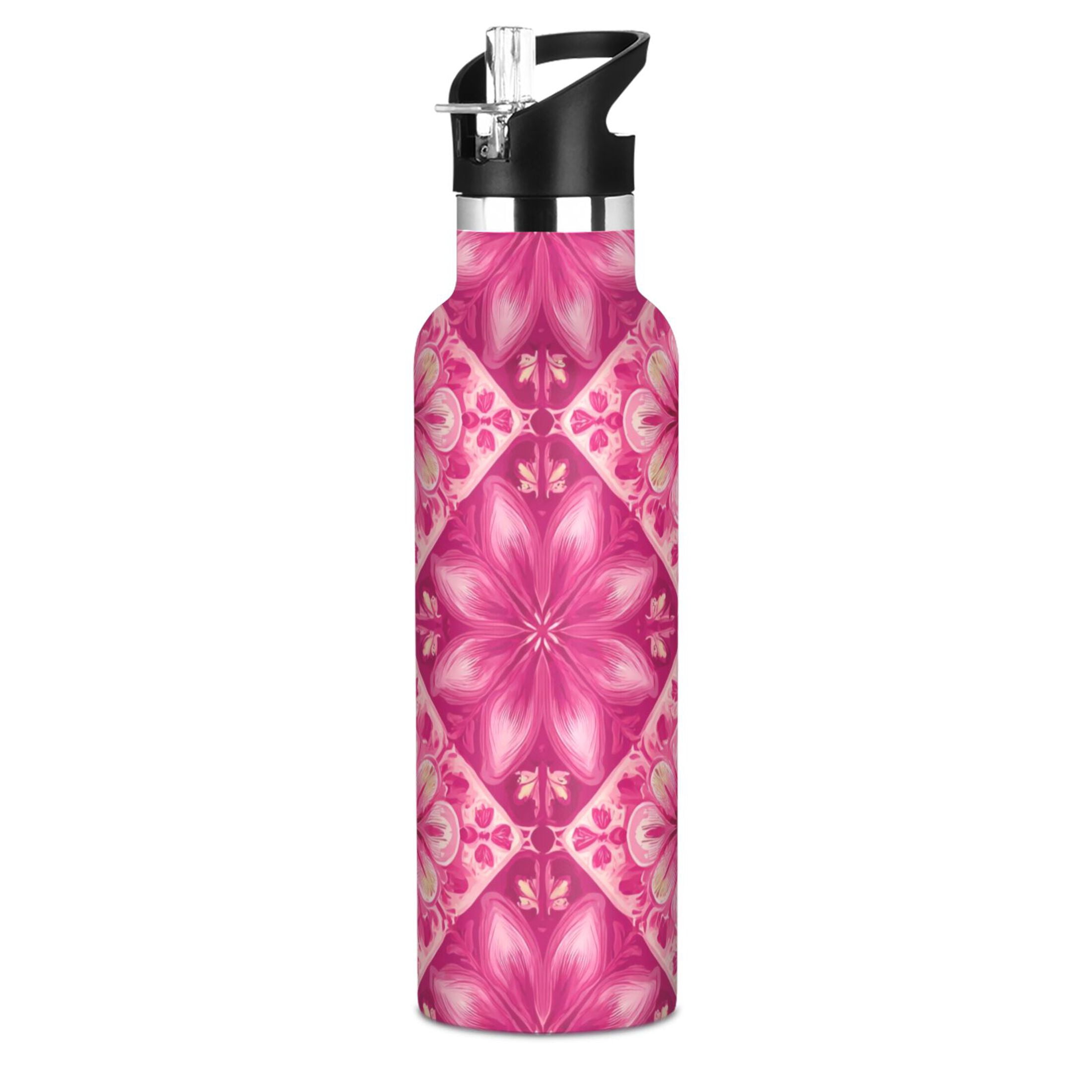 600ML Stainless Steel Insulated Cup Sports Water Bottle Portable Thermos Cup Water Glasses Insulated Tumblers Convenient and Durable Beautiful Pink Pattern