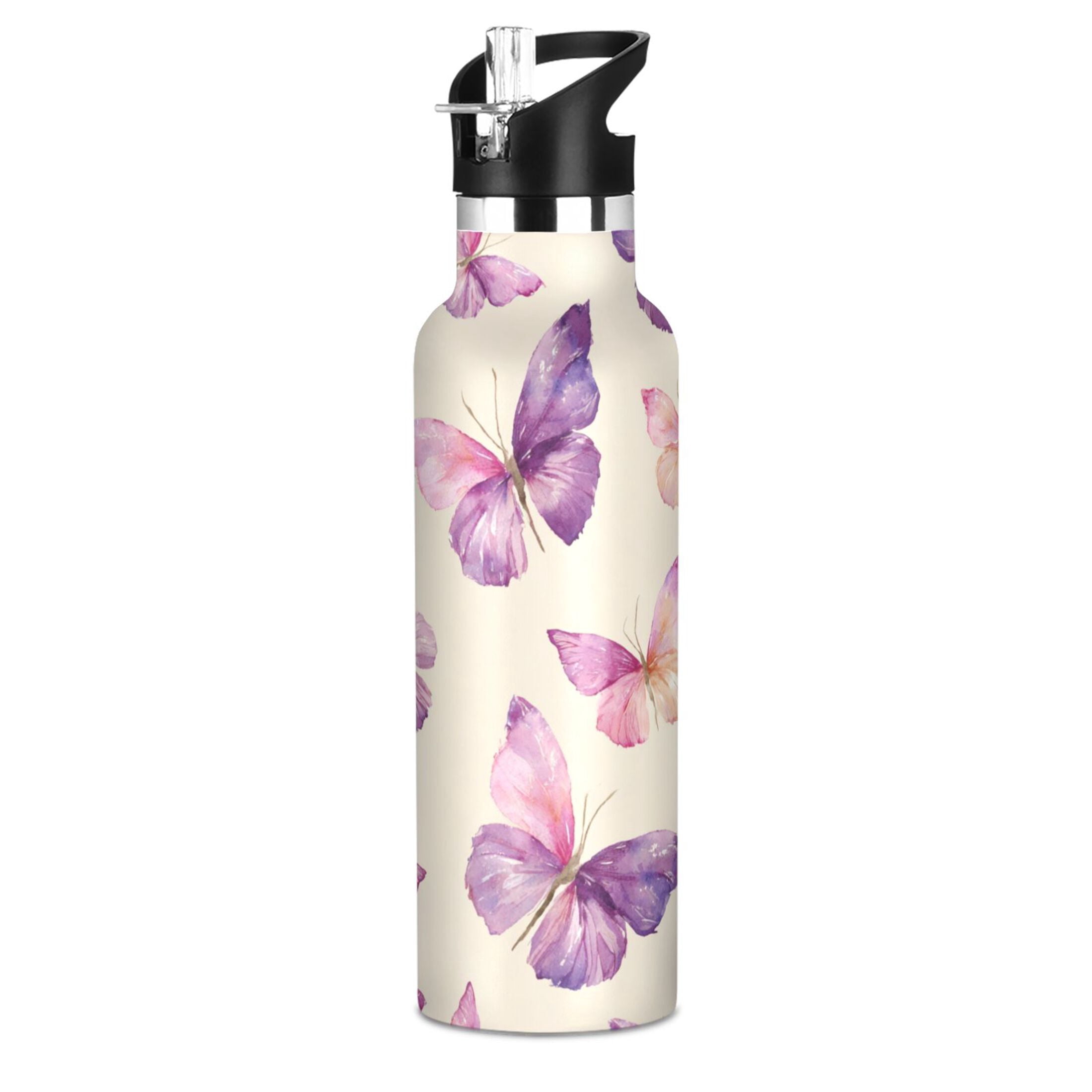 600ML Stainless Steel Insulated Cup Sports Water Bottle Portable Thermos Cup Water Glasses Insulated Tumblers Convenient and Durable Beautiful Purple Butterfly