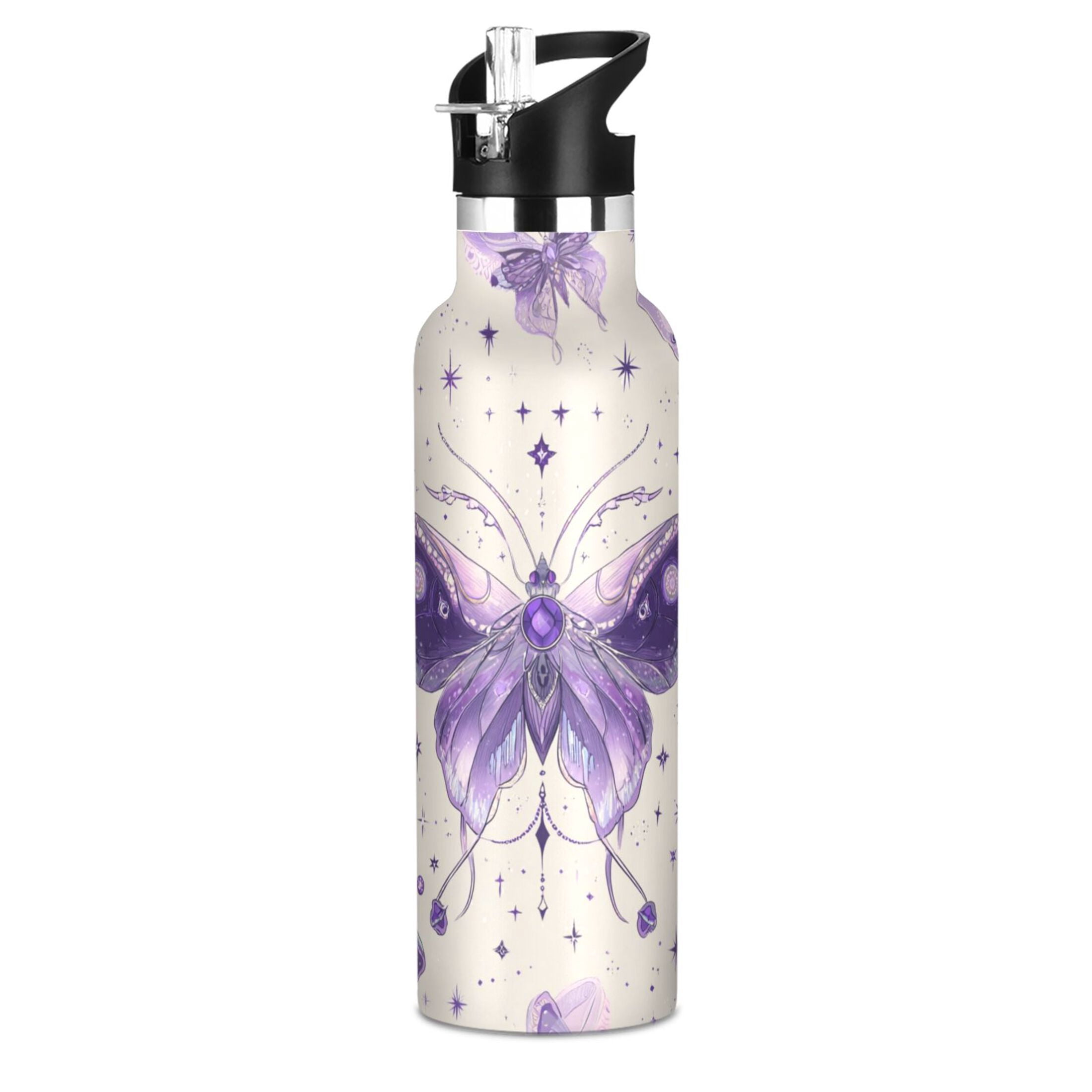 600ML Stainless Steel Insulated Cup Sports Water Bottle Portable Thermos Cup Water Glasses Insulated Tumblers Convenient and Durable Beautiful Purple Butterflies