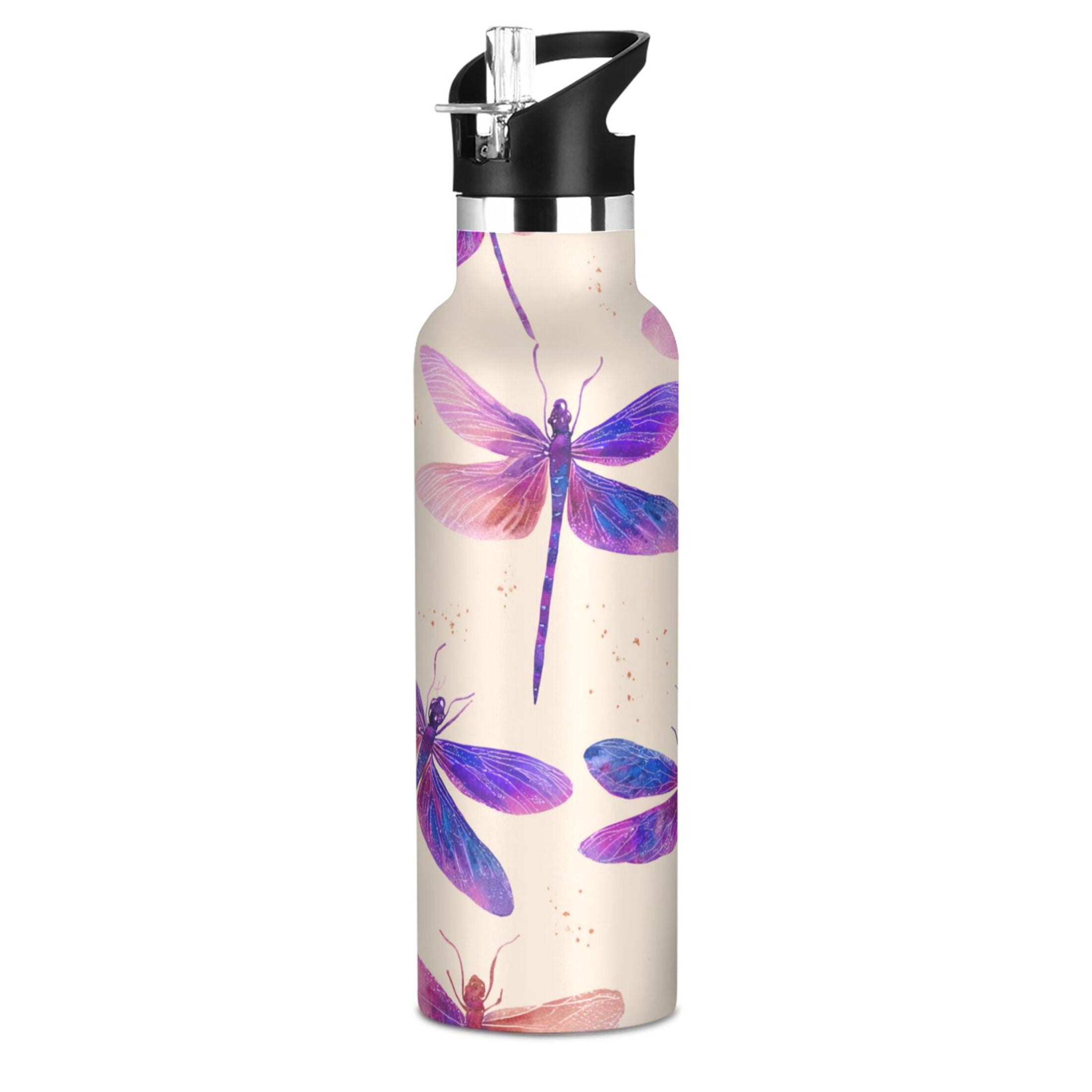 600ML Stainless Steel Insulated Cup Sports Water Bottle Portable Thermos Cup Water Glasses Insulated Tumblers Convenient and Durable Beautiful Purple Dragonfly