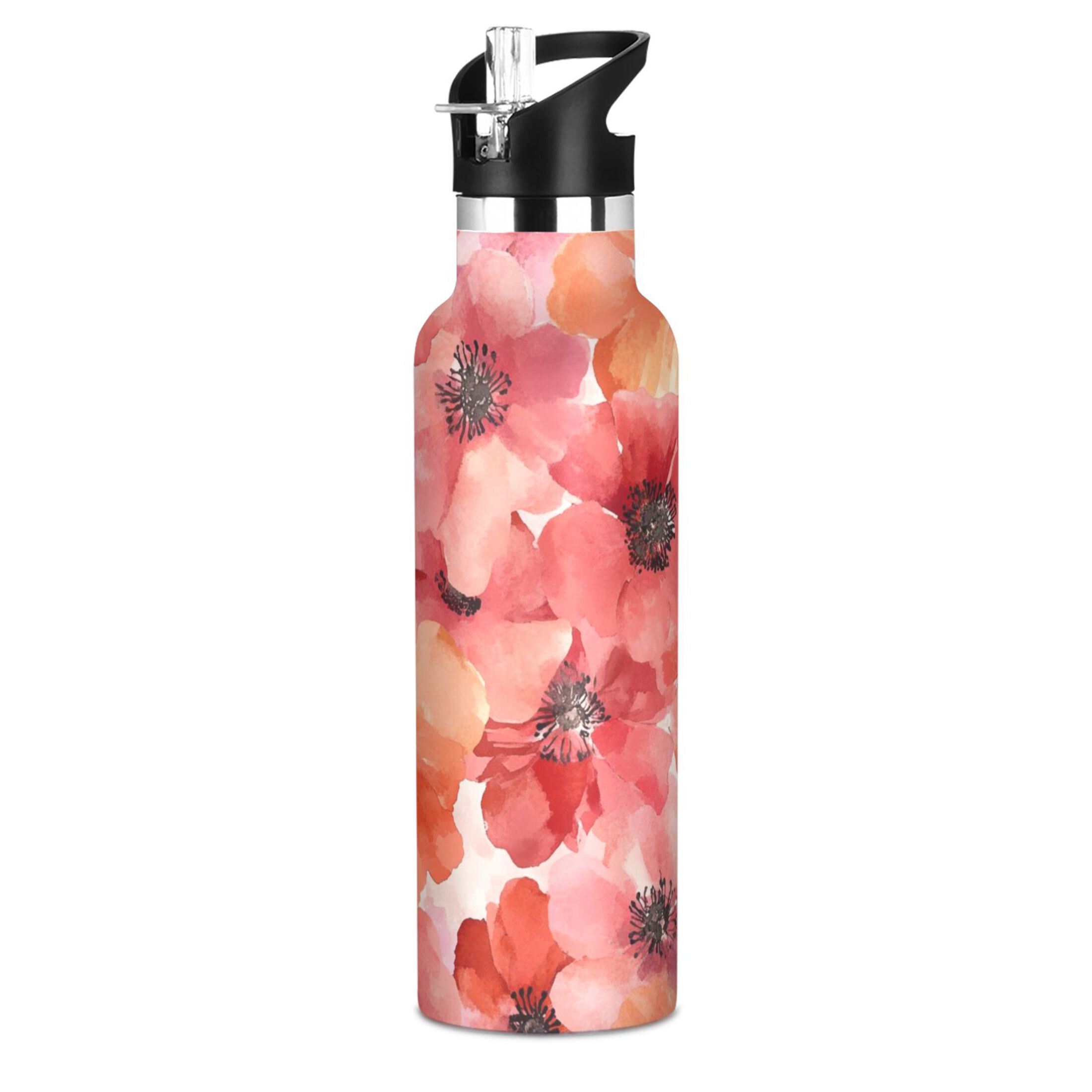 600ML Stainless Steel Insulated Cup Sports Water Bottle Portable Thermos Cup Water Glasses Insulated Tumblers Convenient and Durable Beautiful Red Flower