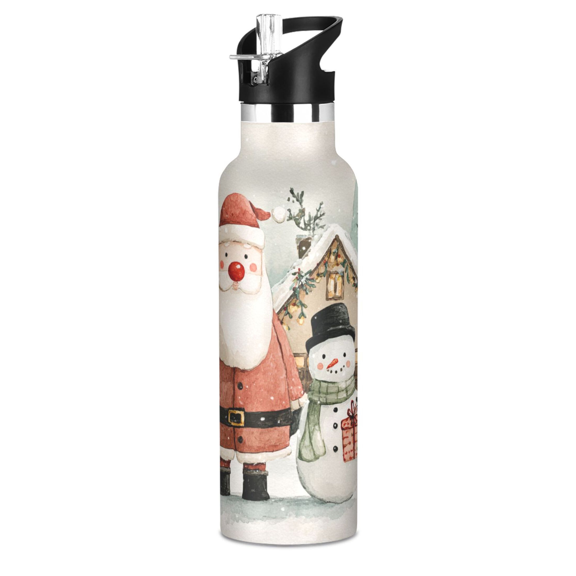 600ML Stainless Steel Insulated Cup Sports Water Bottle Portable Thermos Cup Water Glasses Insulated Tumblers Convenient and Durable Beautiful Red Santa Claus