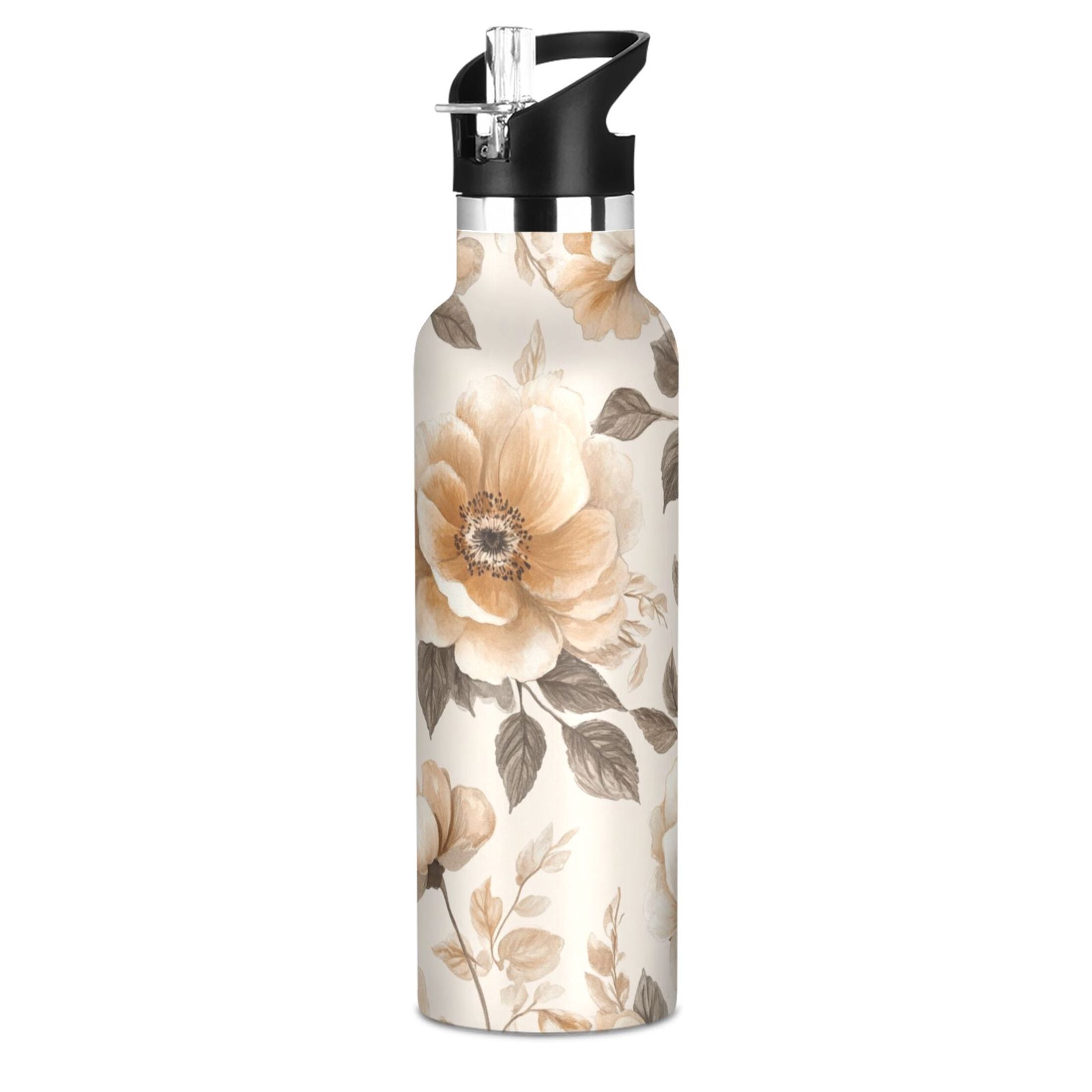 600ML Stainless Steel Insulated Cup Sports Water Bottle Portable Thermos Cup Water Glasses Insulated Tumblers Convenient and Durable Beautiful Silver Flowers