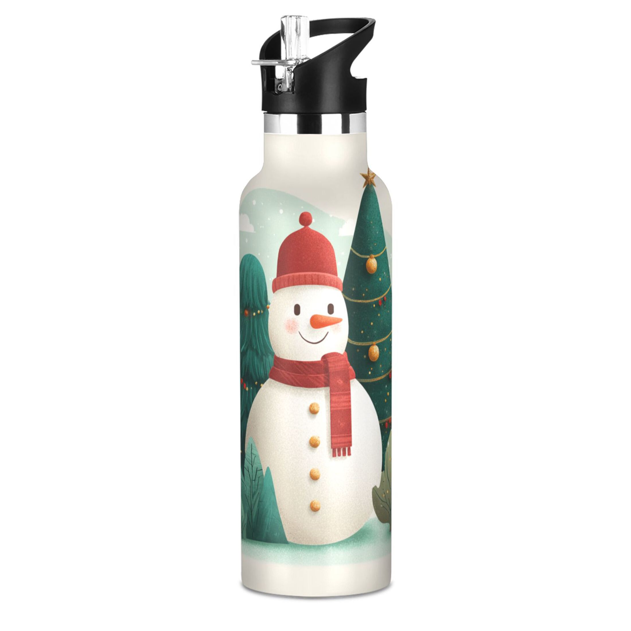 600ML Stainless Steel Insulated Cup Sports Water Bottle Portable Thermos Cup Water Glasses Insulated Tumblers Convenient and Durable A Beautiful Watercolor Christmas Snowman