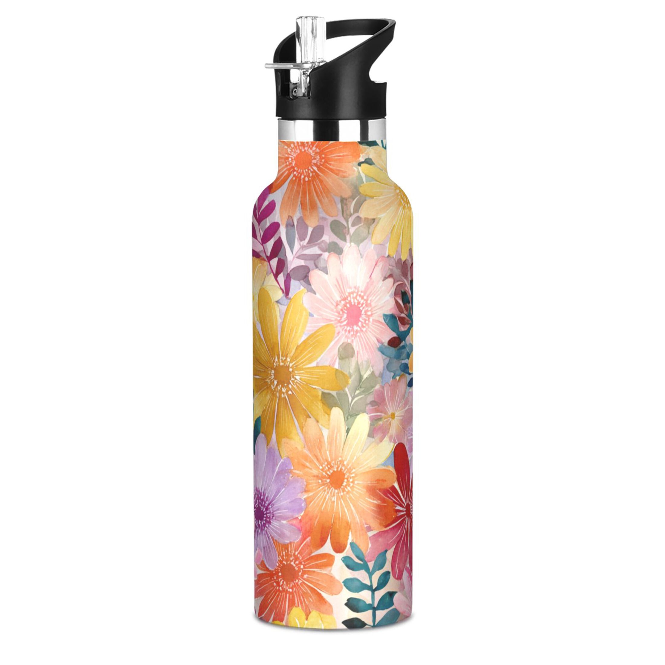 600ML Stainless Steel Insulated Cup Sports Water Bottle Portable Thermos Cup Water Glasses Insulated Tumblers Convenient and Durable Beautiful Watercolor Pink Flowers