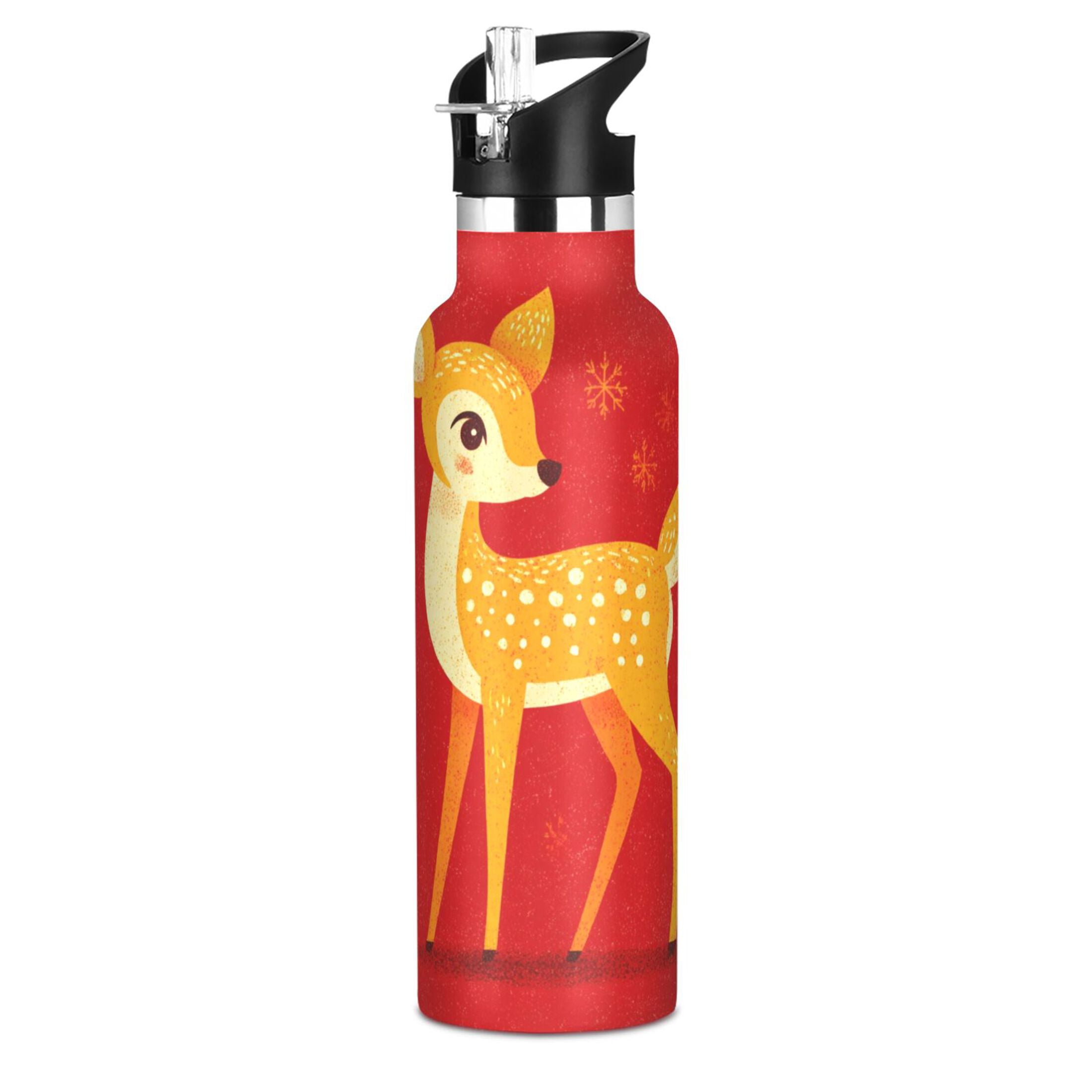 600ML Stainless Steel Insulated Cup Sports Water Bottle Portable Thermos Cup Water Glasses Insulated Tumblers Convenient and Durable Beautiful Yellow Christmas Deer