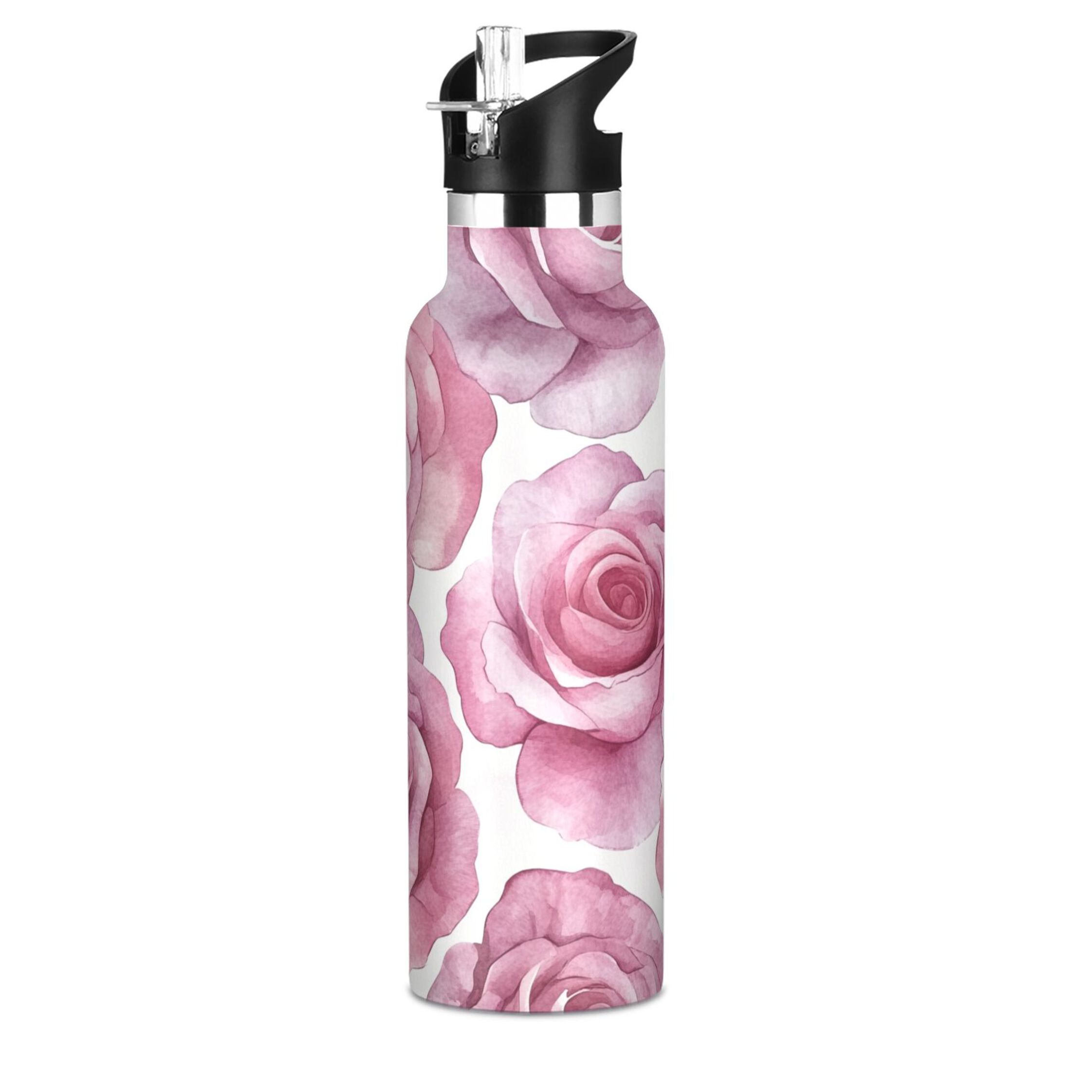 600ML Stainless Steel Insulated Cup Sports Water Bottle Portable Thermos Cup Water Glasses Insulated Tumblers Convenient and Durable Beige Roses Seamless