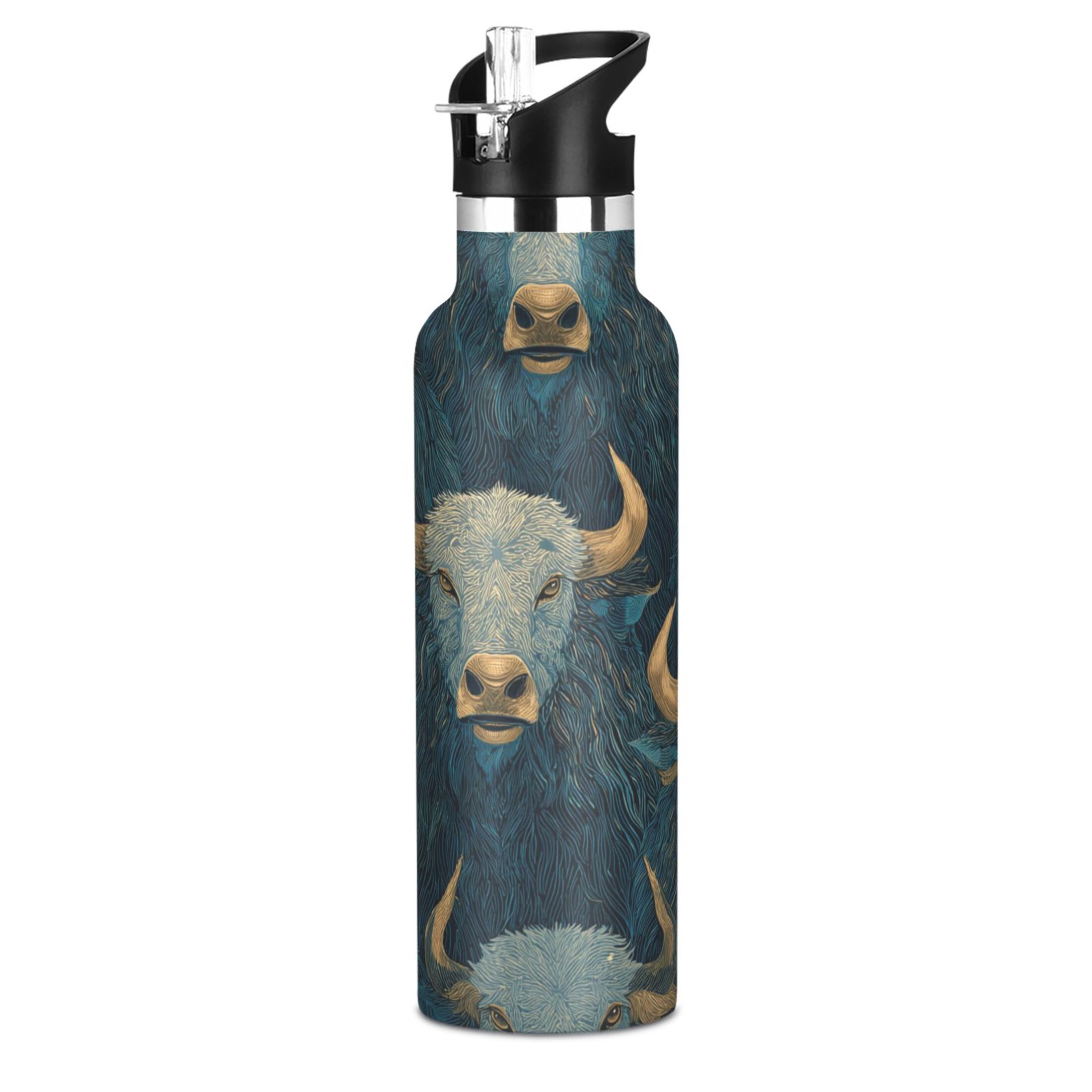 600ML Stainless Steel Insulated Cup Sports Water Bottle Portable Thermos Cup Water Glasses Insulated Tumblers Convenient and Durable Blue Bull Seamless