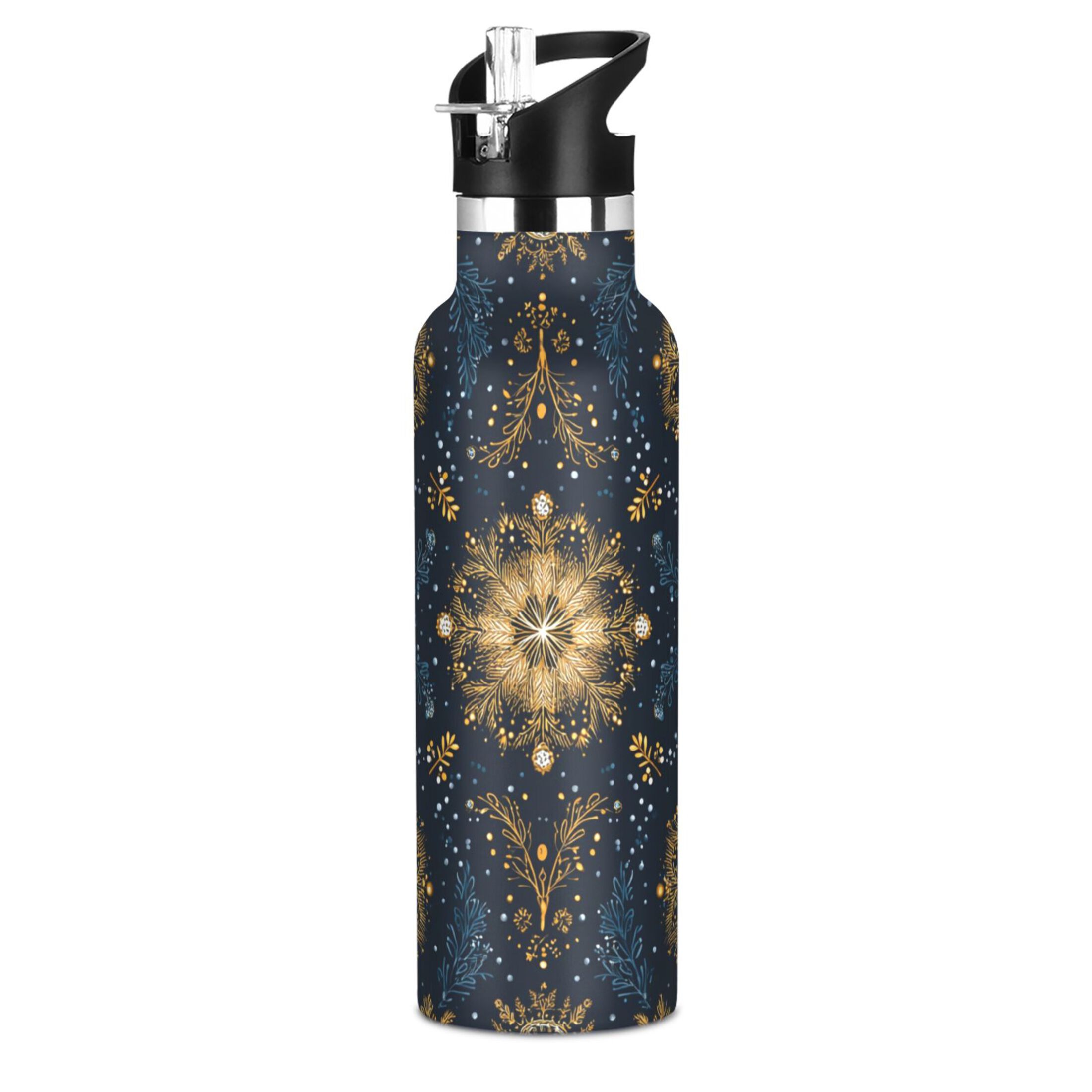 600ML Stainless Steel Insulated Cup Sports Water Bottle Portable Thermos Cup Water Glasses Insulated Tumblers Convenient and Durable Blue Christmas Pattern