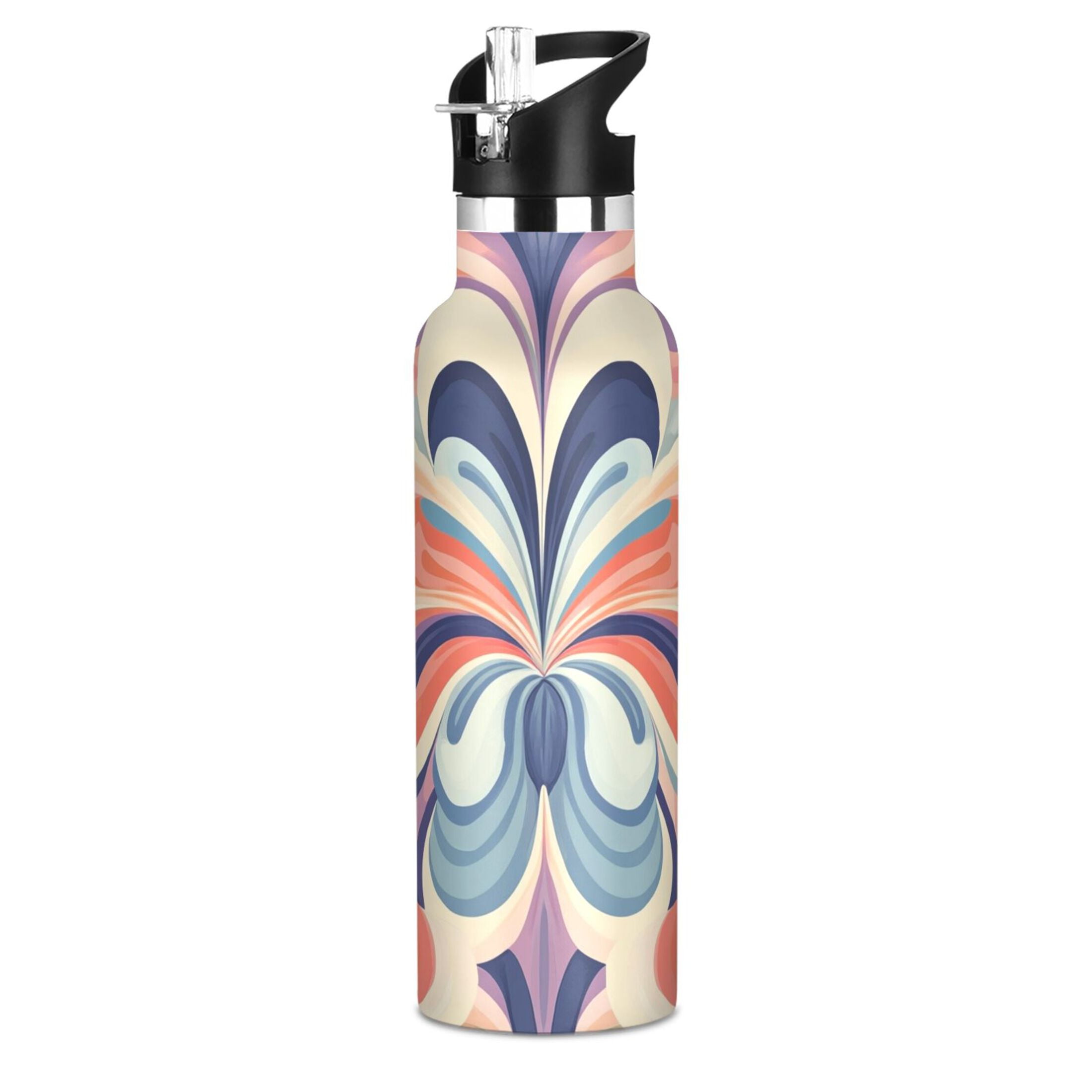 600ML Stainless Steel Insulated Cup Sports Water Bottle Portable Thermos Cup Water Glasses Insulated Tumblers Convenient and Durable Blue Flower Pattern