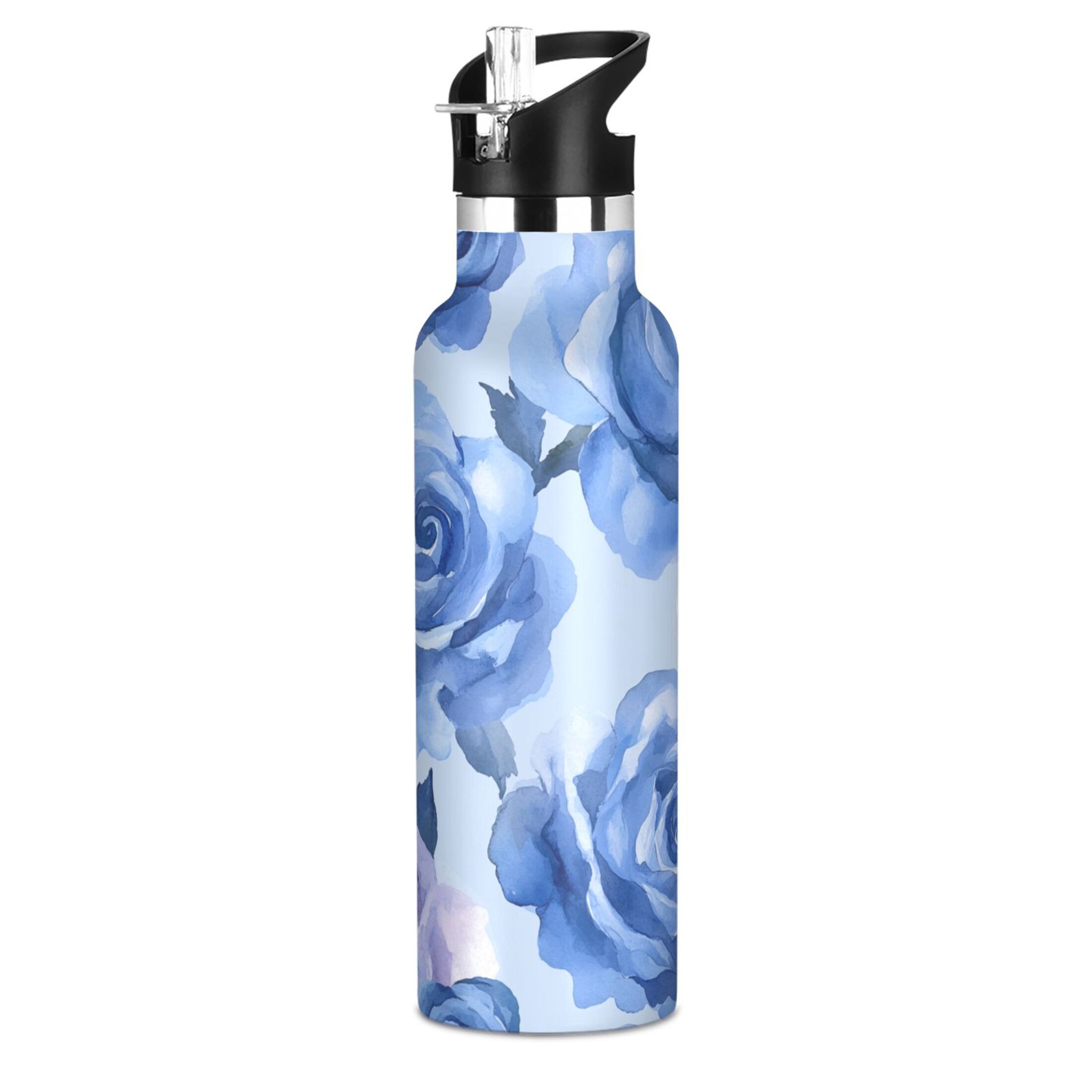 600ML Stainless Steel Insulated Cup Sports Water Bottle Portable Thermos Cup Water Glasses Insulated Tumblers Convenient and Durable Blue Roses Seamless