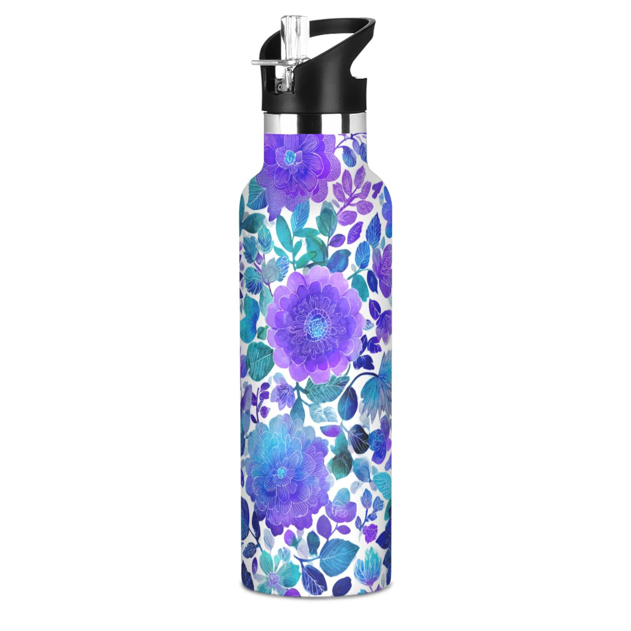 600ML Stainless Steel Insulated Cup Sports Water Bottle Portable Thermos Cup Water Glasses Insulated Tumblers Convenient and Durable Blue Watercolor Leaves
