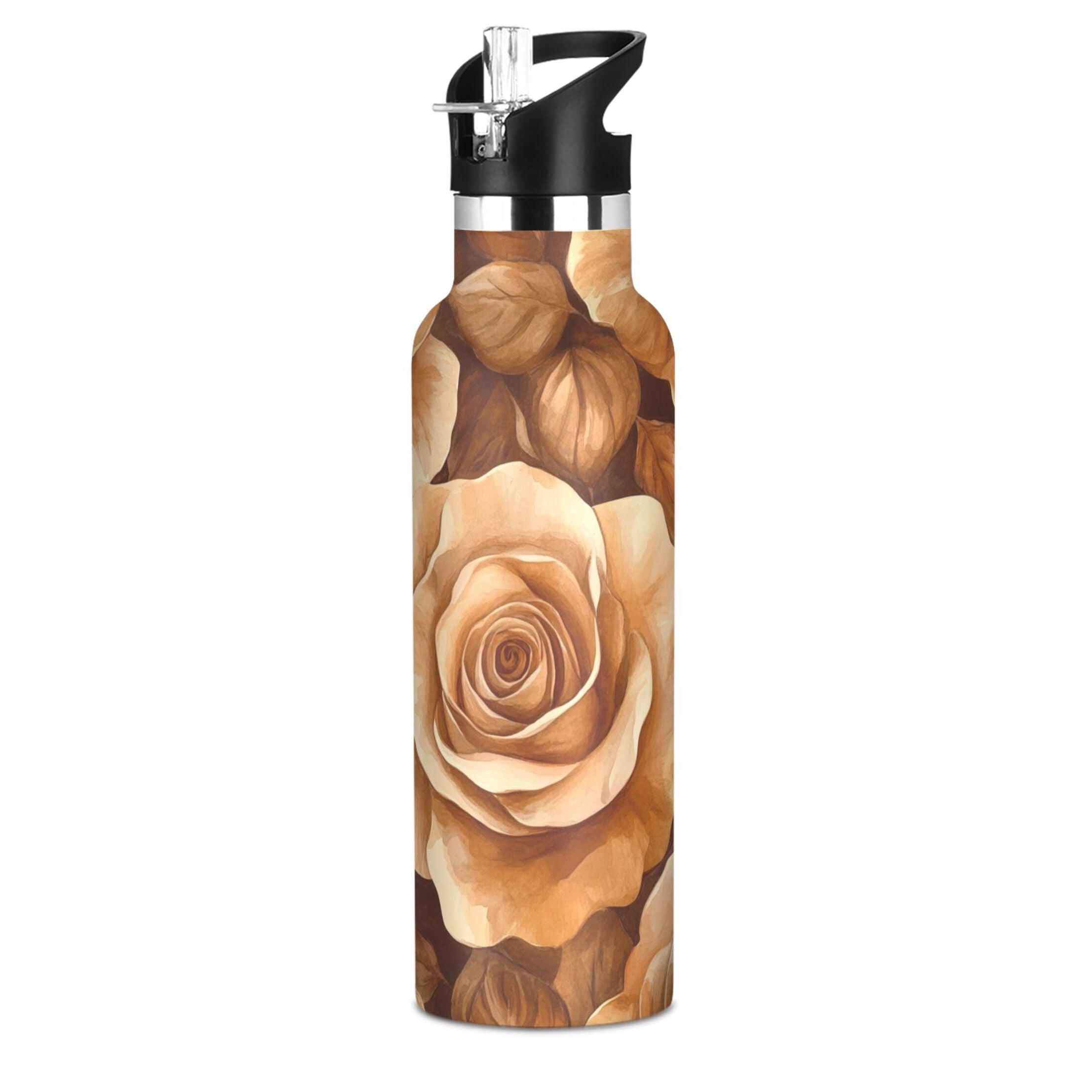 600ML Stainless Steel Insulated Cup Sports Water Bottle Portable Thermos Cup Water Glasses Insulated Tumblers Convenient and Durable Brown Roses Seamless