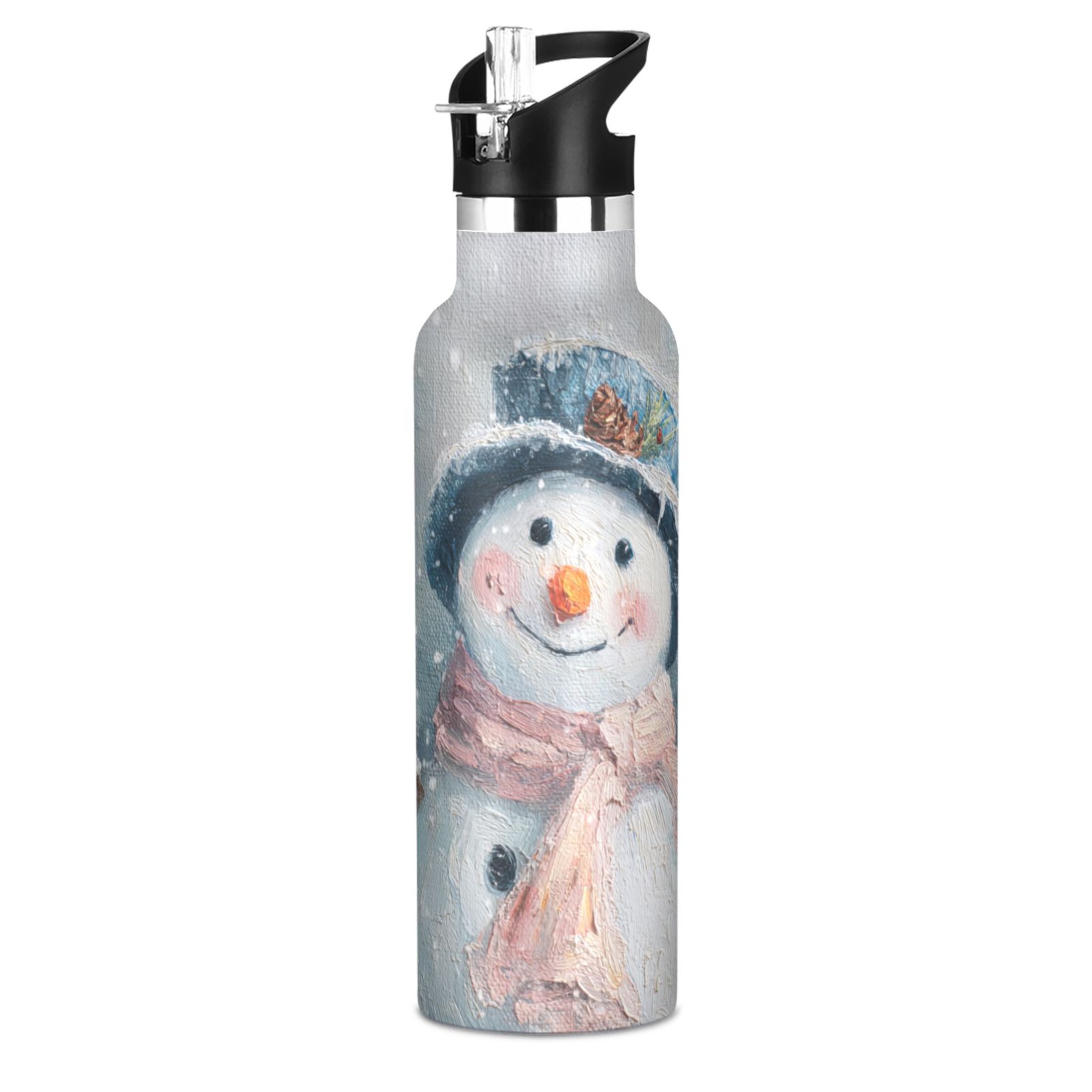 600ML Stainless Steel Insulated Cup Sports Water Bottle Portable Thermos Cup Water Glasses Insulated Tumblers Convenient and Durable Cartoon Beautiful Christmas Snowman