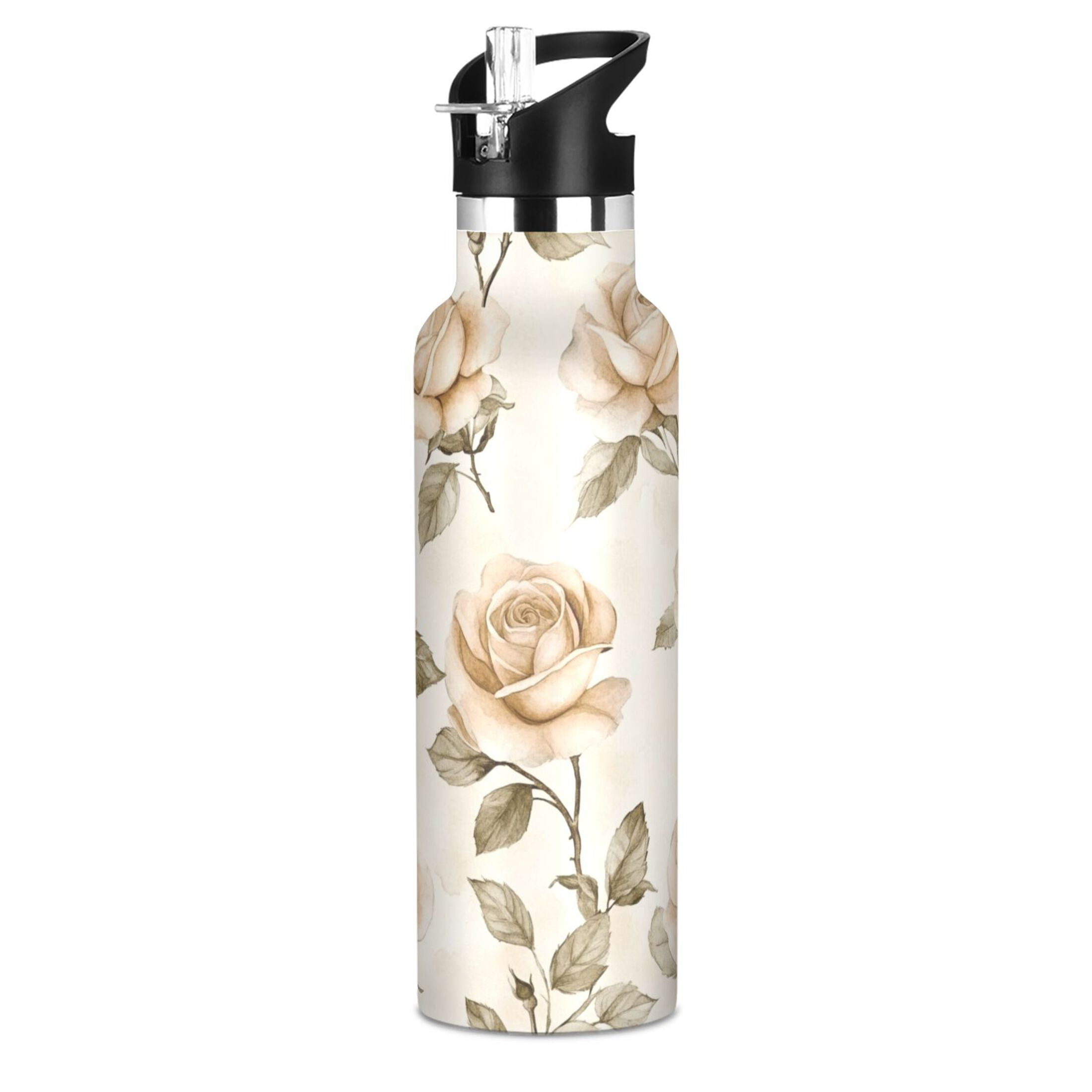 600ML Stainless Steel Insulated Cup Sports Water Bottle Portable Thermos Cup Water Glasses Insulated Tumblers Convenient and Durable Cartoon Beige Roses Seamless