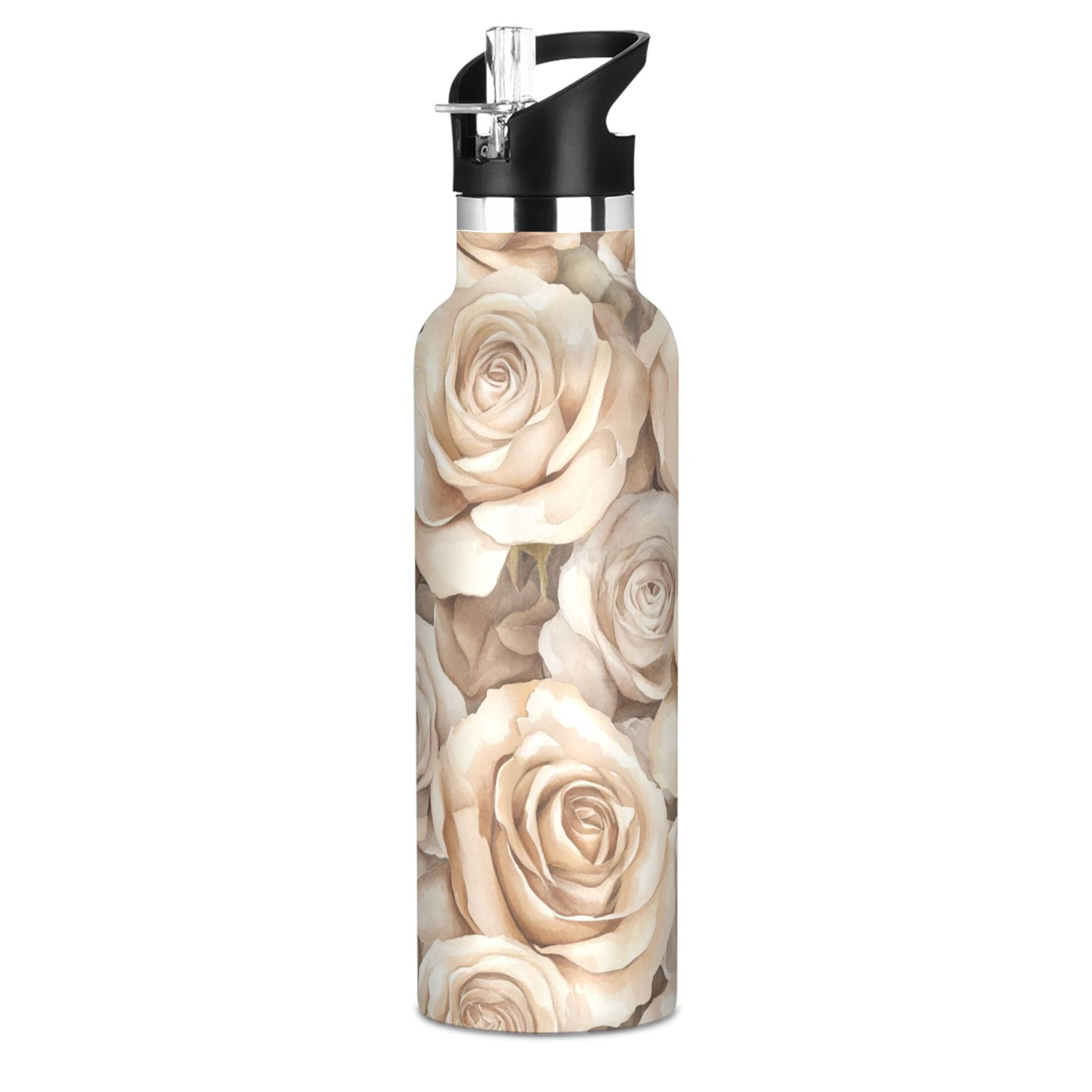 600ML Stainless Steel Insulated Cup Sports Water Bottle Portable Thermos Cup Water Glasses Insulated Tumblers Convenient and Durable Cartoon Beige Roses