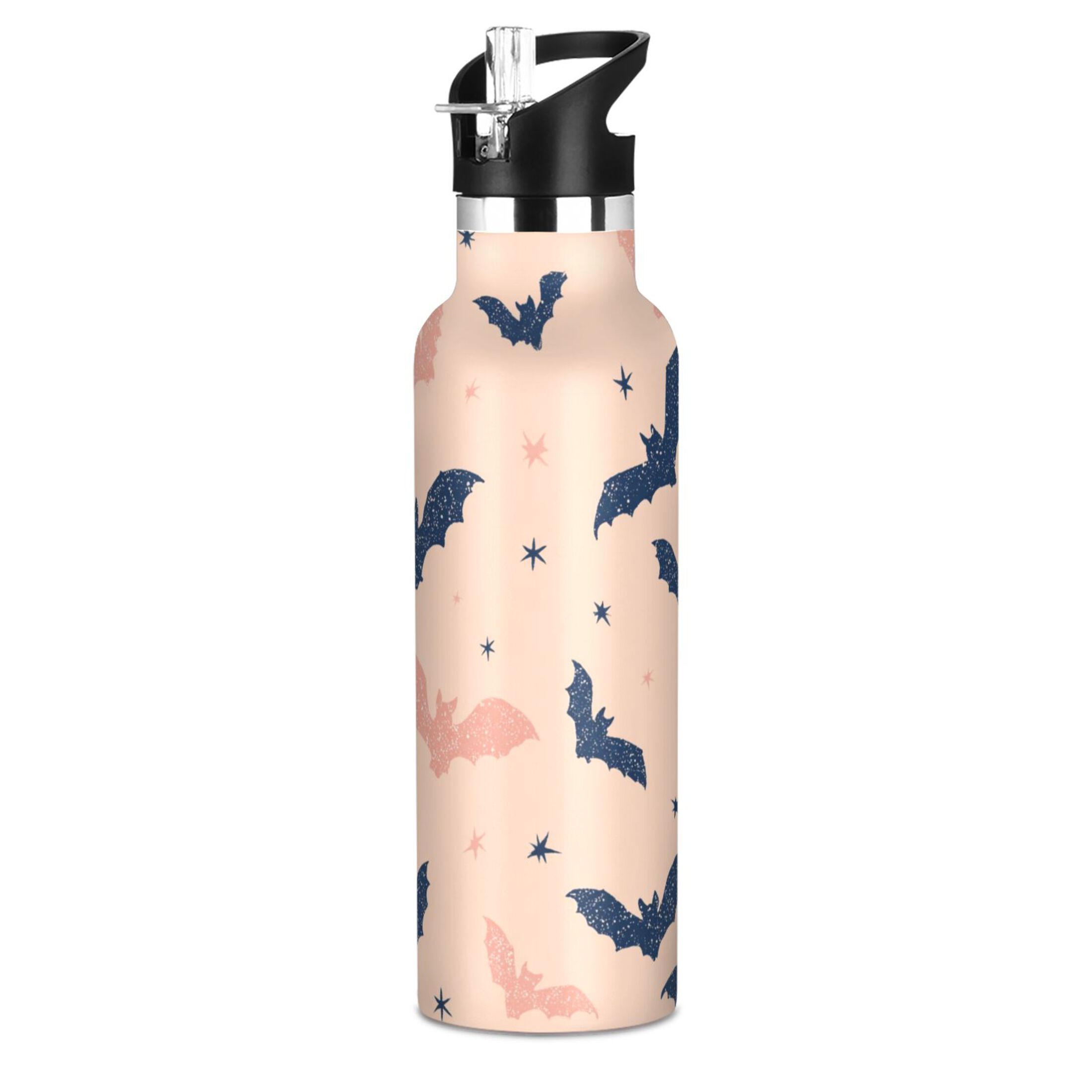 600ML Stainless Steel Insulated Cup Sports Water Bottle Portable Thermos Cup Water Glasses Insulated Tumblers Convenient and Durable Cartoon Black Bats