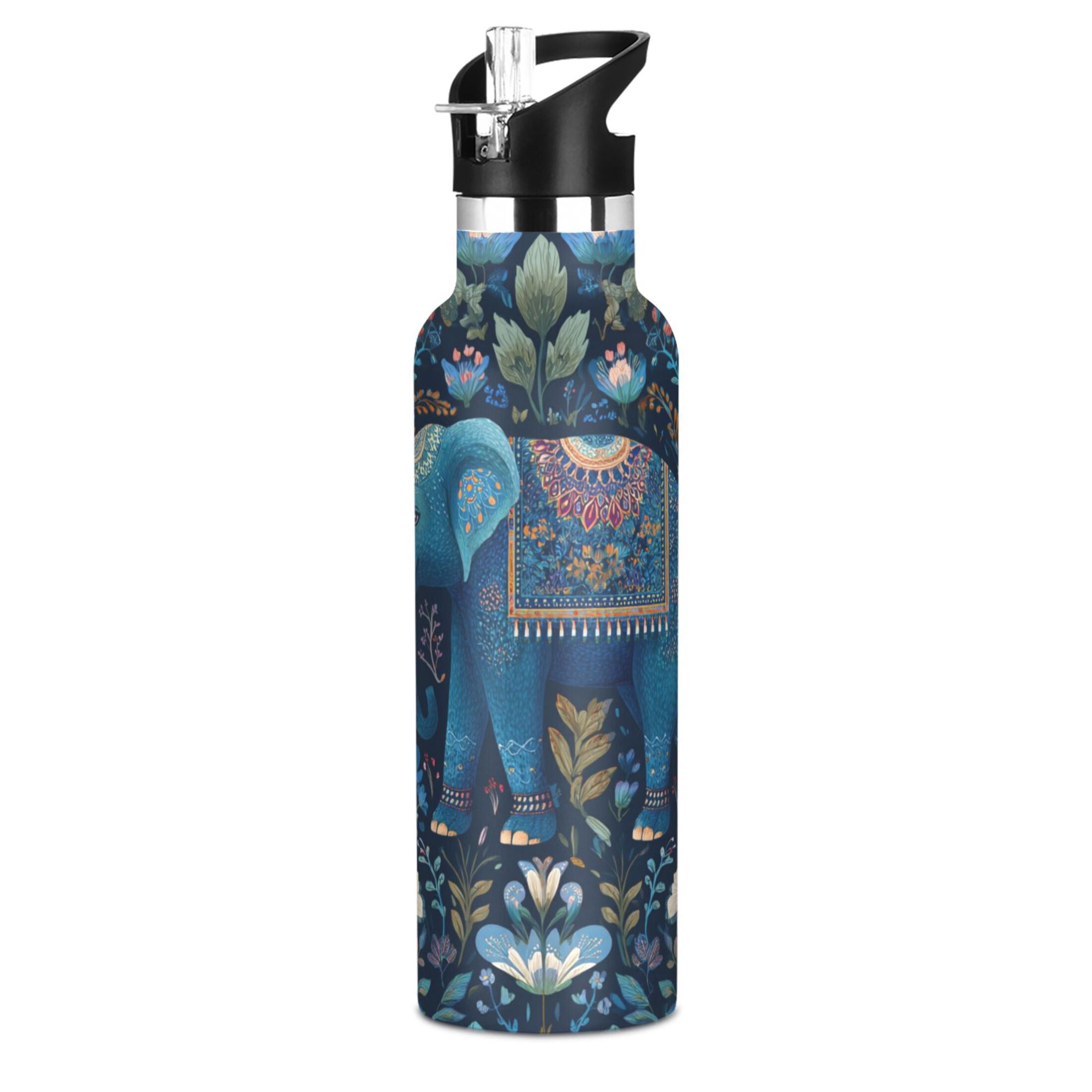 600ML Stainless Steel Insulated Cup Sports Water Bottle Portable Thermos Cup Water Glasses Insulated Tumblers Convenient and Durable Cartoon Blue Elephant