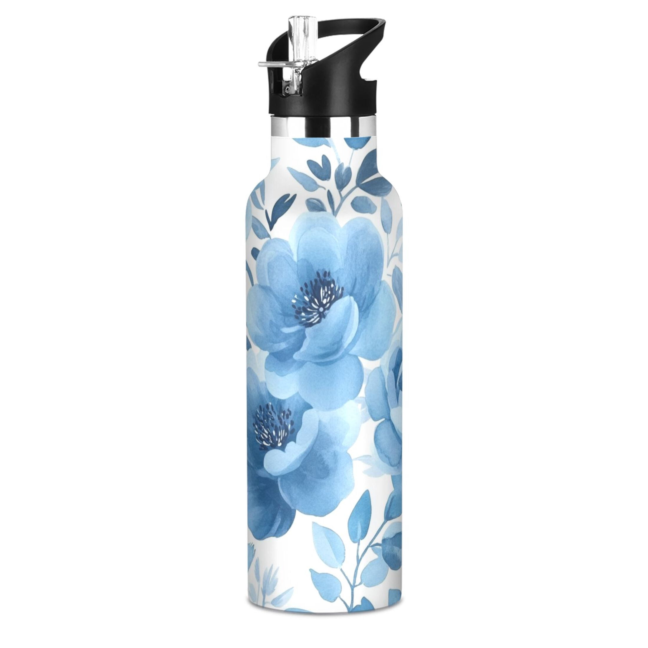 600ML Stainless Steel Insulated Cup Sports Water Bottle Portable Thermos Cup Water Glasses Insulated Tumblers Convenient and Durable Cartoon Blue Flower