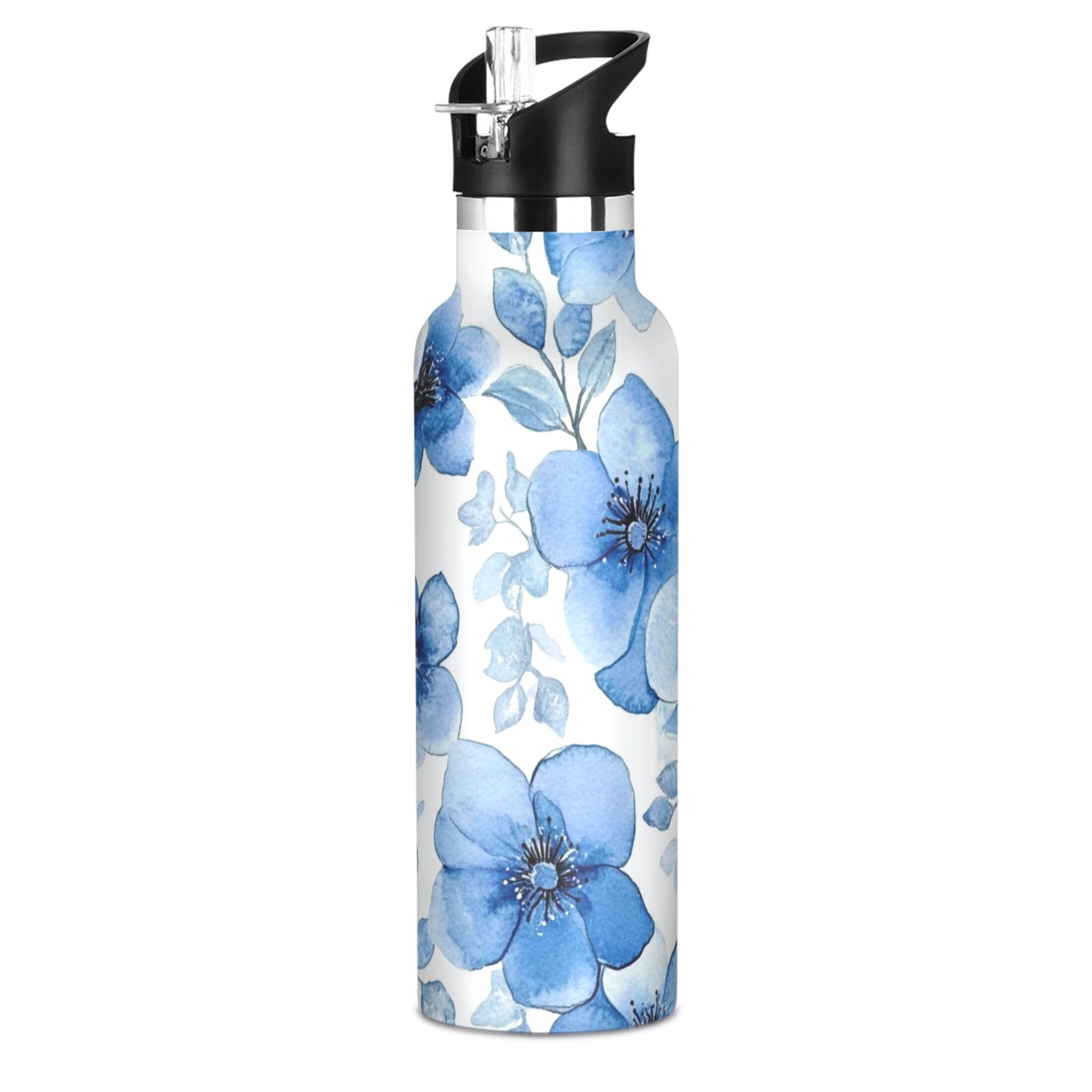 600ML Stainless Steel Insulated Cup Sports Water Bottle Portable Thermos Cup Water Glasses Insulated Tumblers Convenient and Durable Cartoon Blue Flowers
