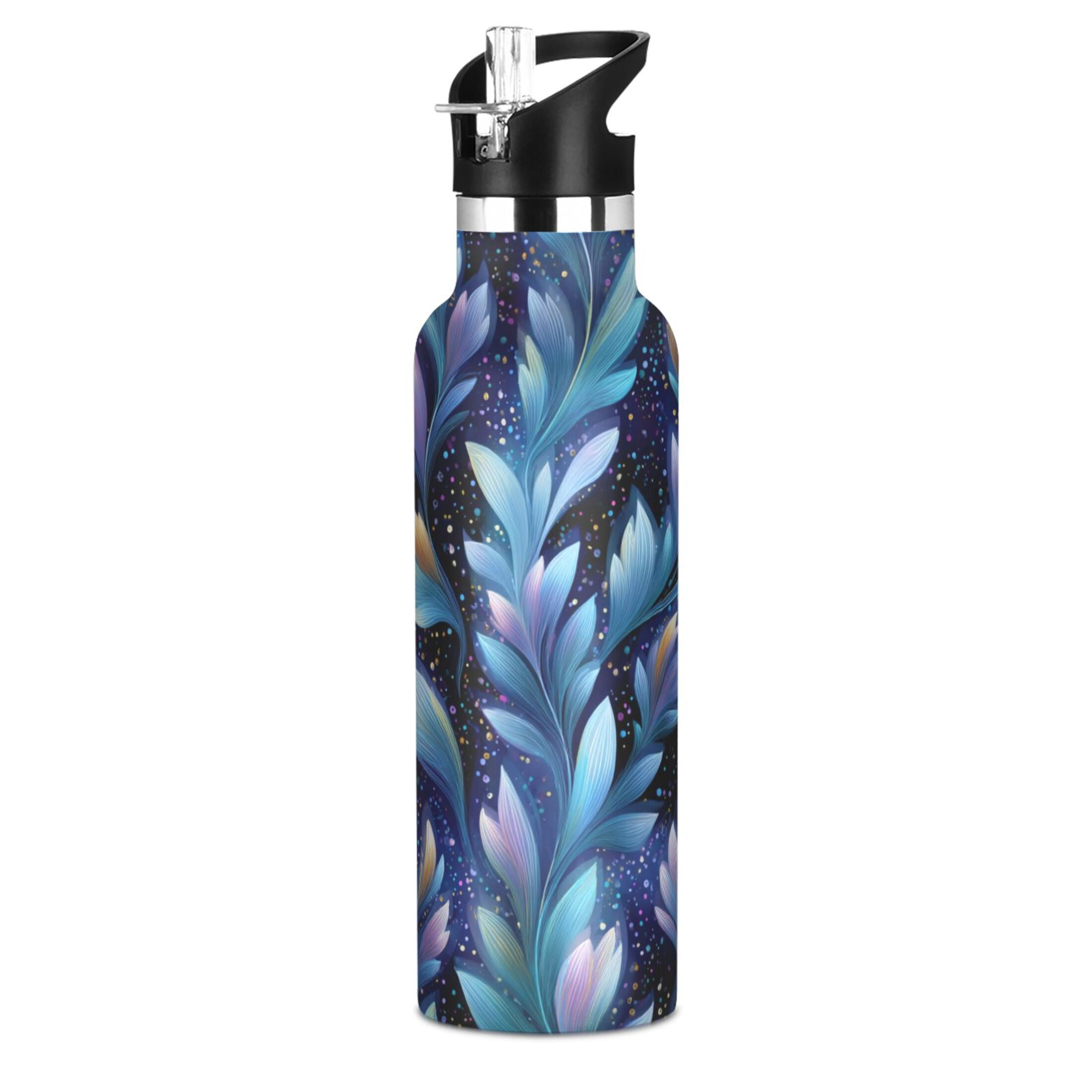 600ML Stainless Steel Insulated Cup Sports Water Bottle Portable Thermos Cup Water Glasses Insulated Tumblers Convenient and Durable Cartoon Blue Leaves