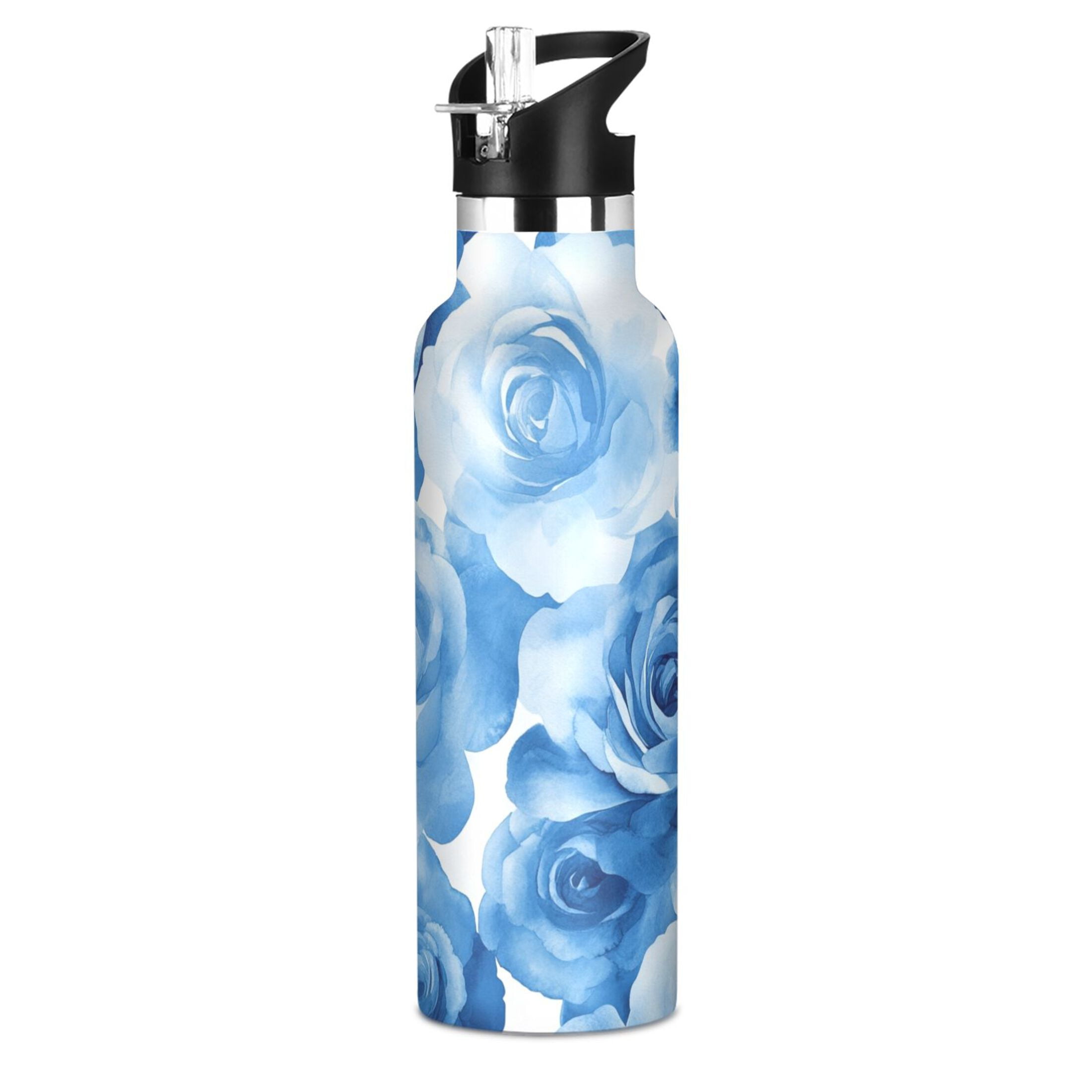 600ML Stainless Steel Insulated Cup Sports Water Bottle Portable Thermos Cup Water Glasses Insulated Tumblers Convenient and Durable Cartoon Blue Roses Seamless