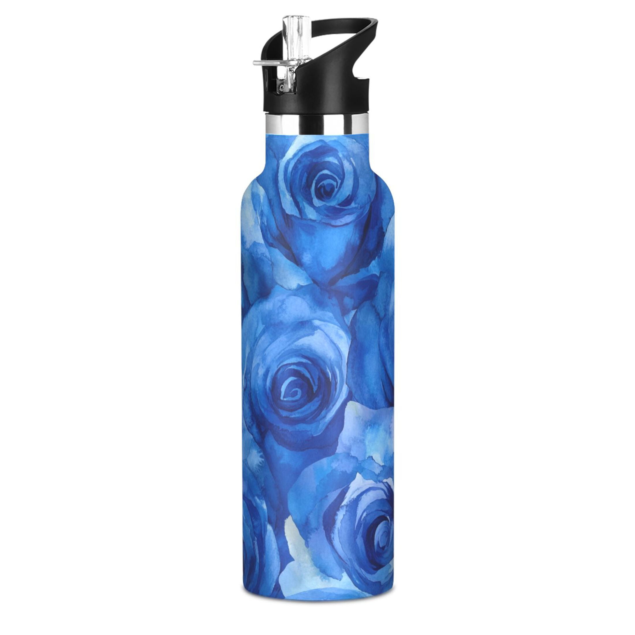 600ML Stainless Steel Insulated Cup Sports Water Bottle Portable Thermos Cup Water Glasses Insulated Tumblers Convenient and Durable Cartoon Blue Roses