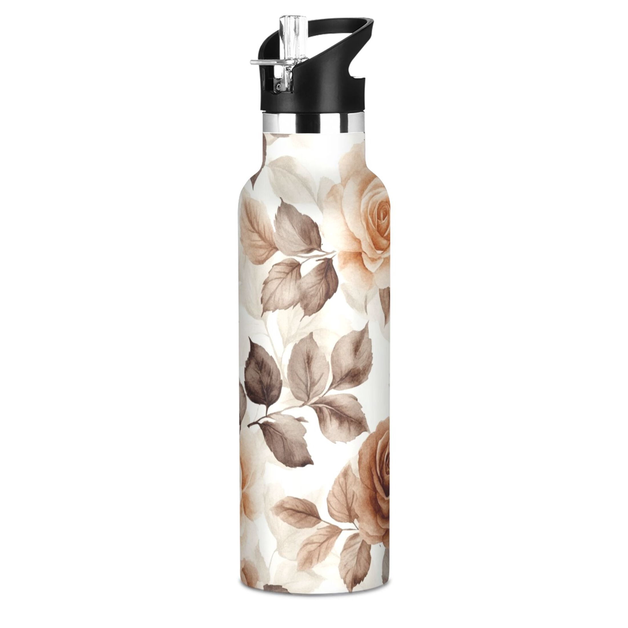 600ML Stainless Steel Insulated Cup Sports Water Bottle Portable Thermos Cup Water Glasses Insulated Tumblers Convenient and Durable Cartoon Brown Roses