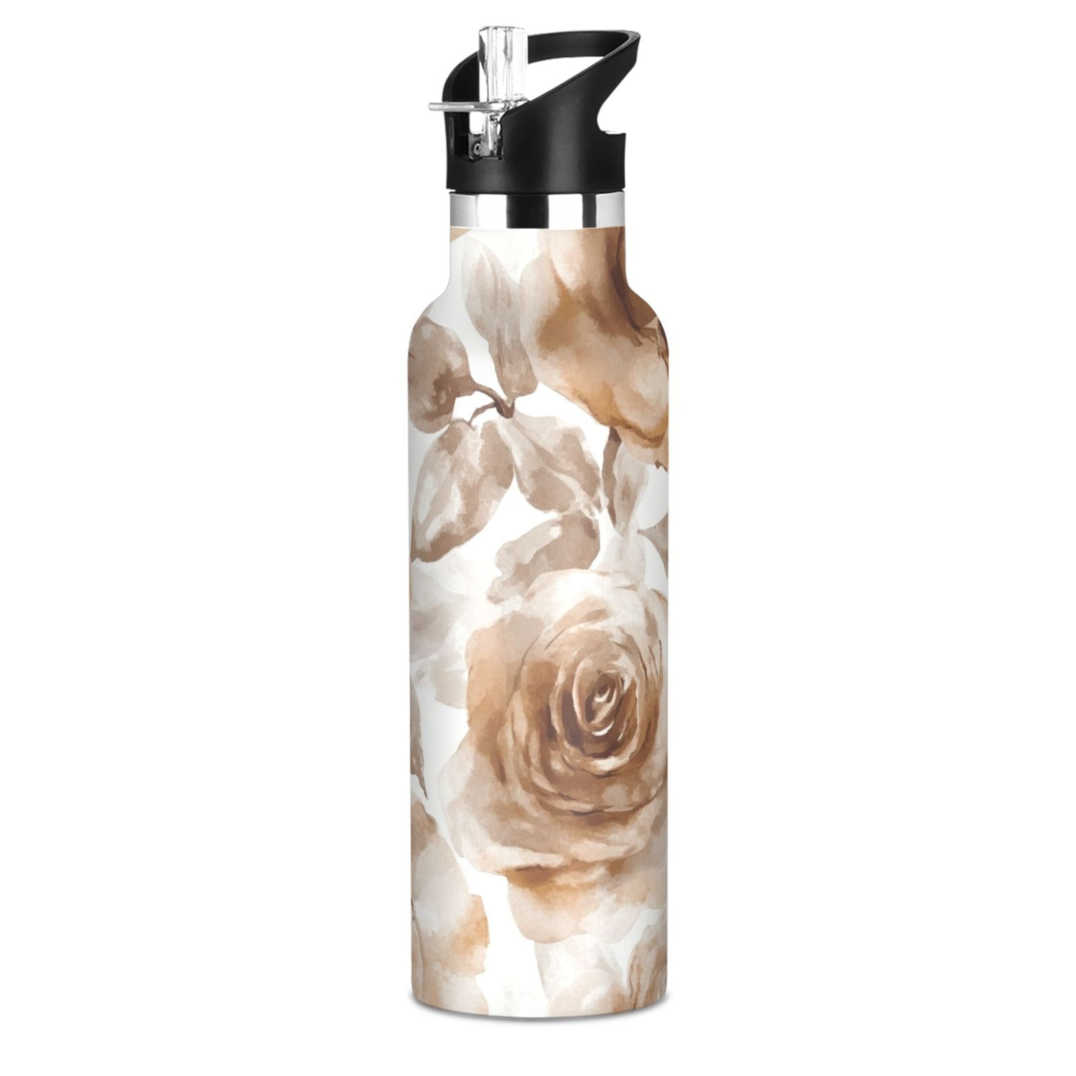 600ML Stainless Steel Insulated Cup Sports Water Bottle Portable Thermos Cup Water Glasses Insulated Tumblers Convenient and Durable Cartoon Brown Roses Seamless