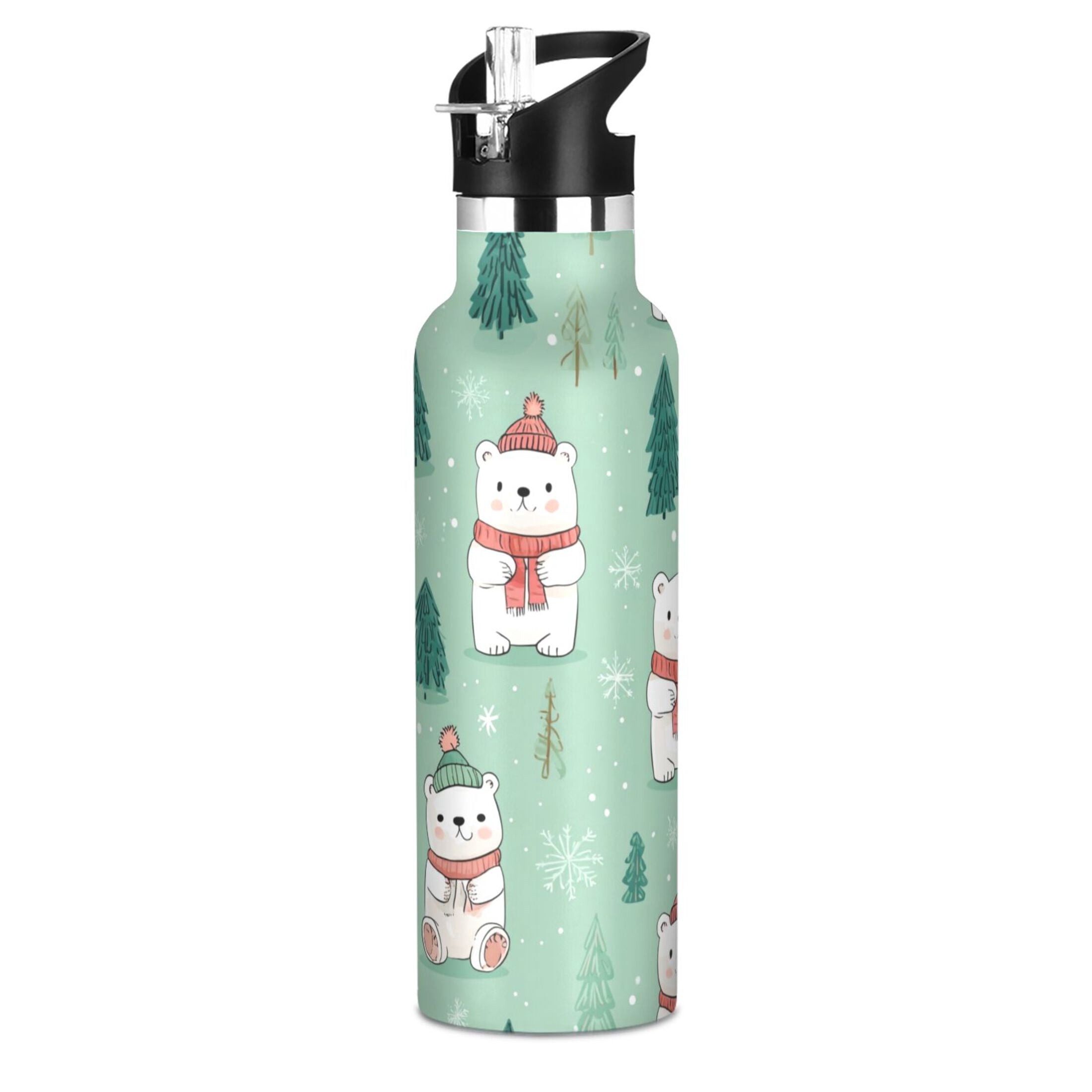 600ML Stainless Steel Insulated Cup Sports Water Bottle Portable Thermos Cup Water Glasses Insulated Tumblers Convenient and Durable Cartoon Christmas Bear