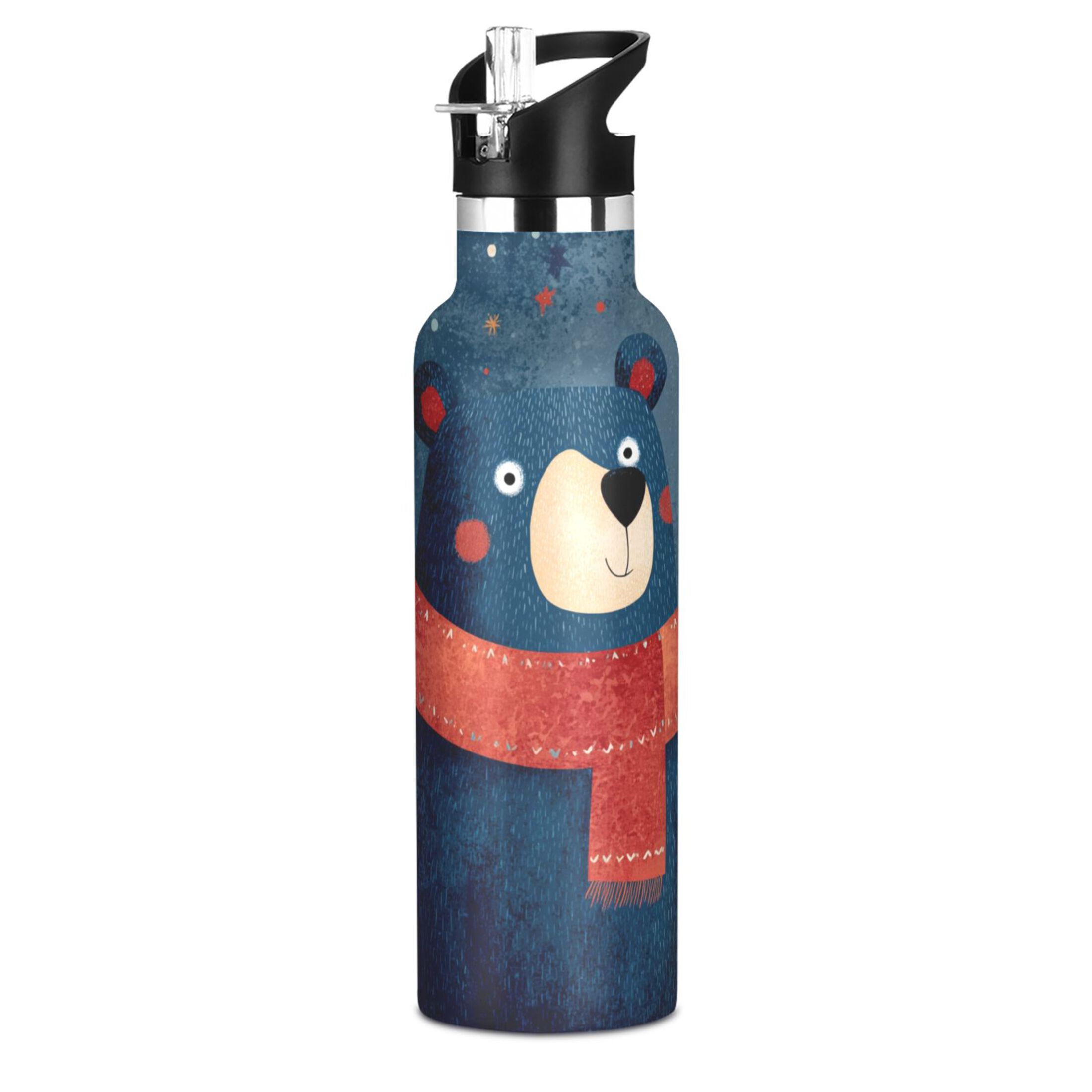 600ML Stainless Steel Insulated Cup Sports Water Bottle Portable Thermos Cup Water Glasses Insulated Tumblers Convenient and Durable Cartoon Christmas Blue Bear
