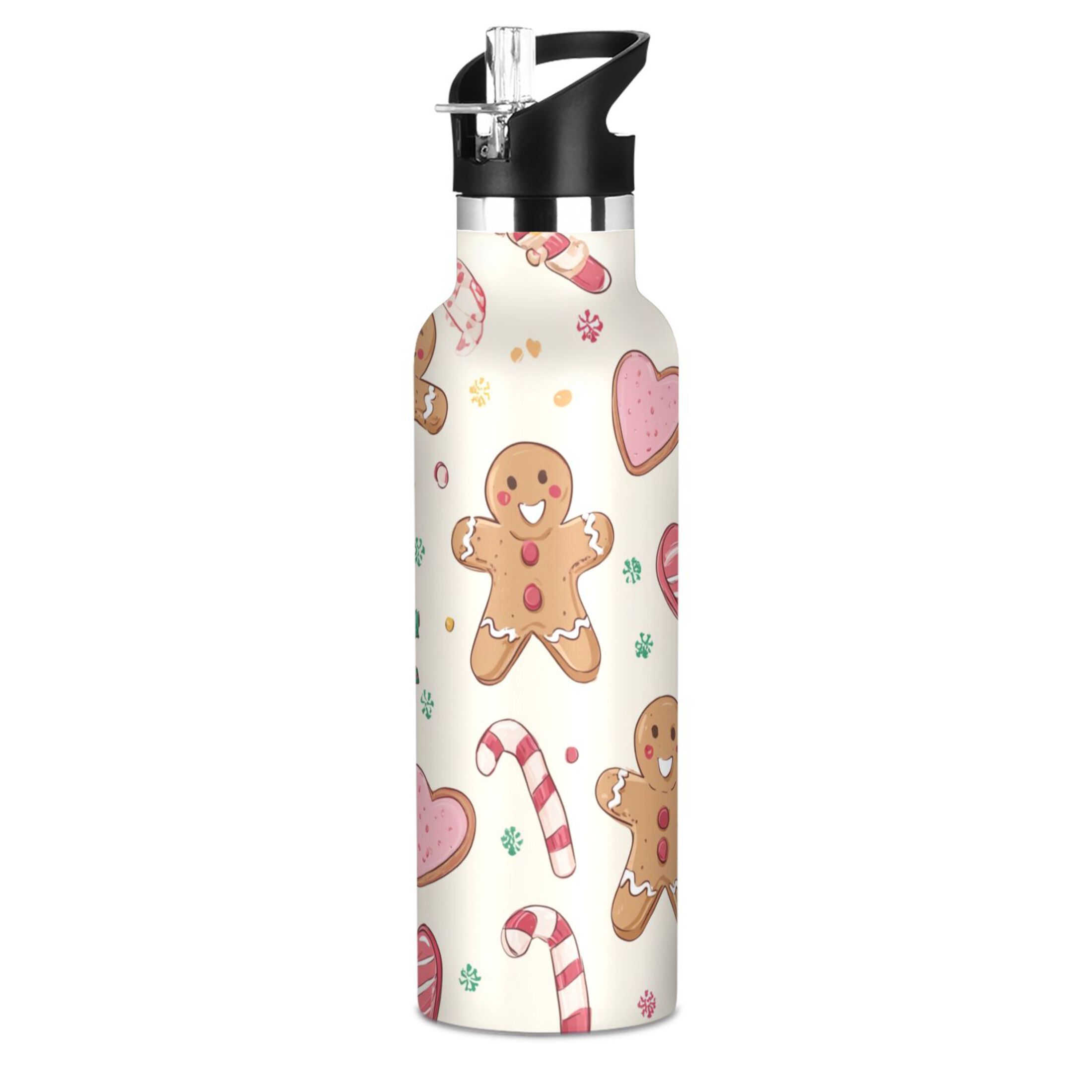 600ML Stainless Steel Insulated Cup Sports Water Bottle Portable Thermos Cup Water Glasses Insulated Tumblers Convenient and Durable Cartoon Christmas Gingerbread Man