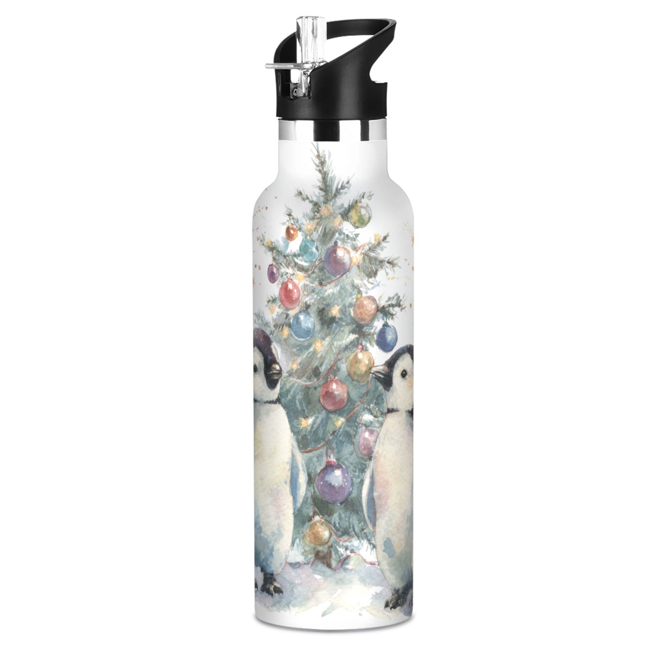 600ML Stainless Steel Insulated Cup Sports Water Bottle Portable Thermos Cup Water Glasses Insulated Tumblers Convenient and Durable Cartoon Christmas Penguins