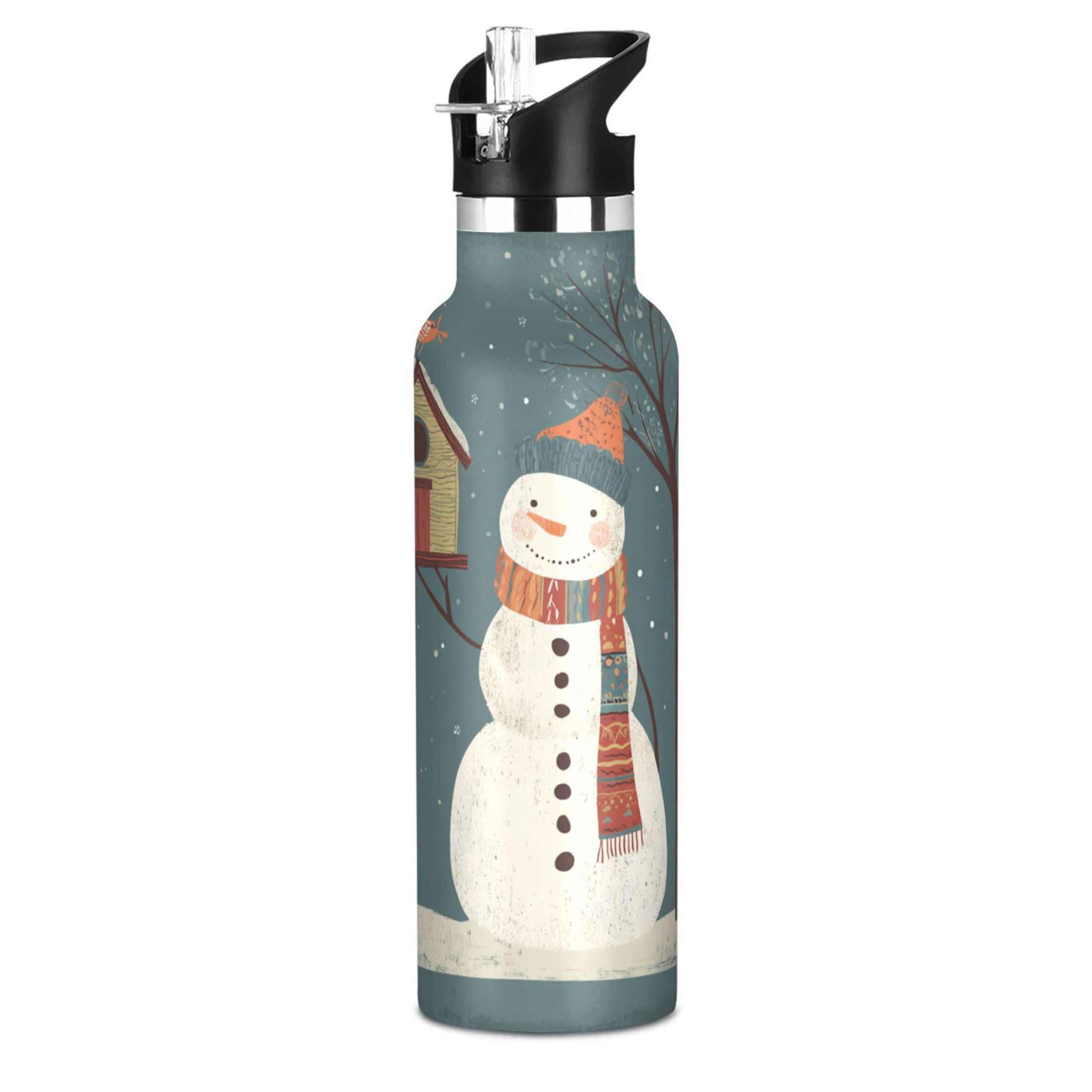 600ML Stainless Steel Insulated Cup Sports Water Bottle Portable Thermos Cup Water Glasses Insulated Tumblers Convenient and Durable Cartoon Christmas Snowmen and Bird