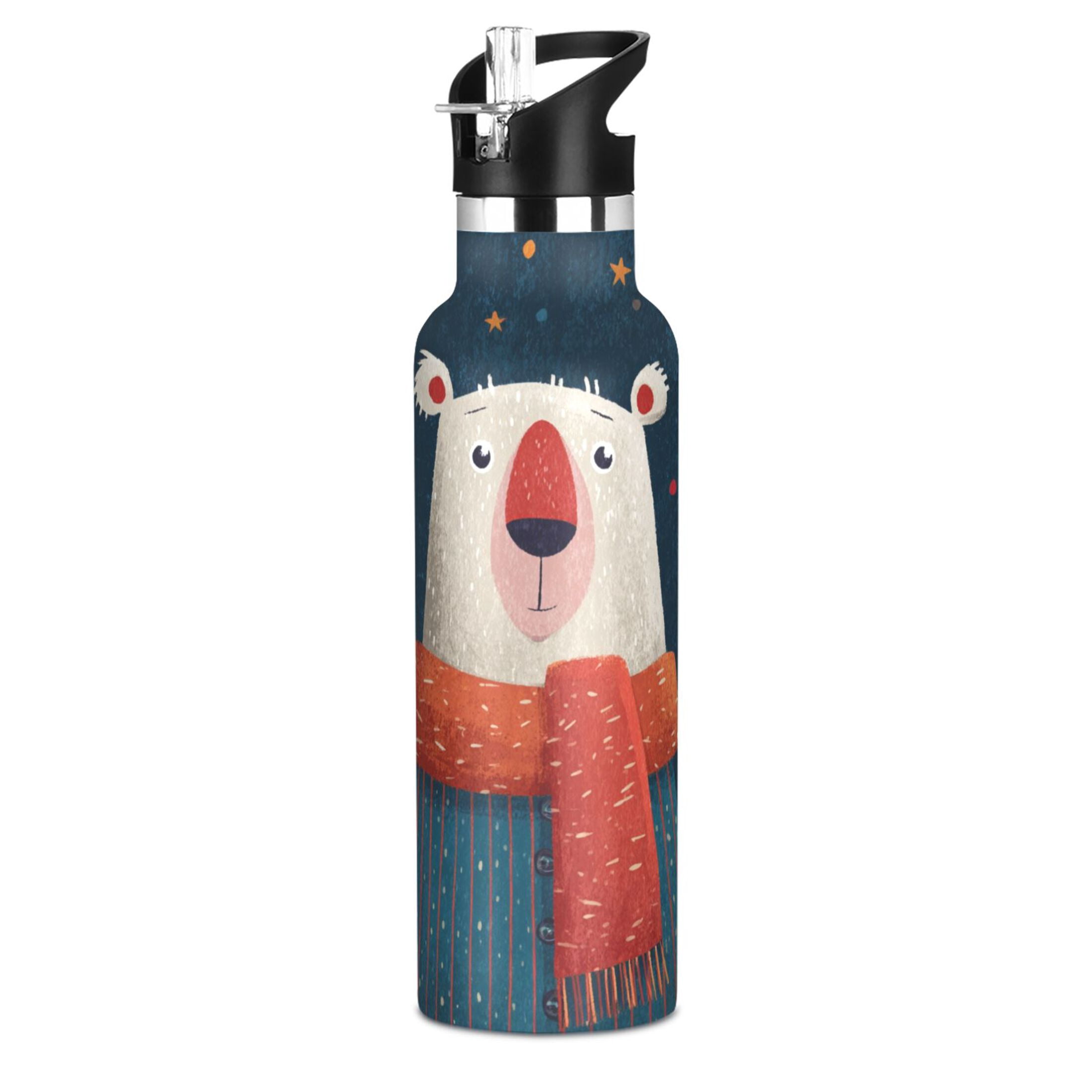 600ML Stainless Steel Insulated Cup Sports Water Bottle Portable Thermos Cup Water Glasses Insulated Tumblers Convenient and Durable Cartoon Christmas White Bear