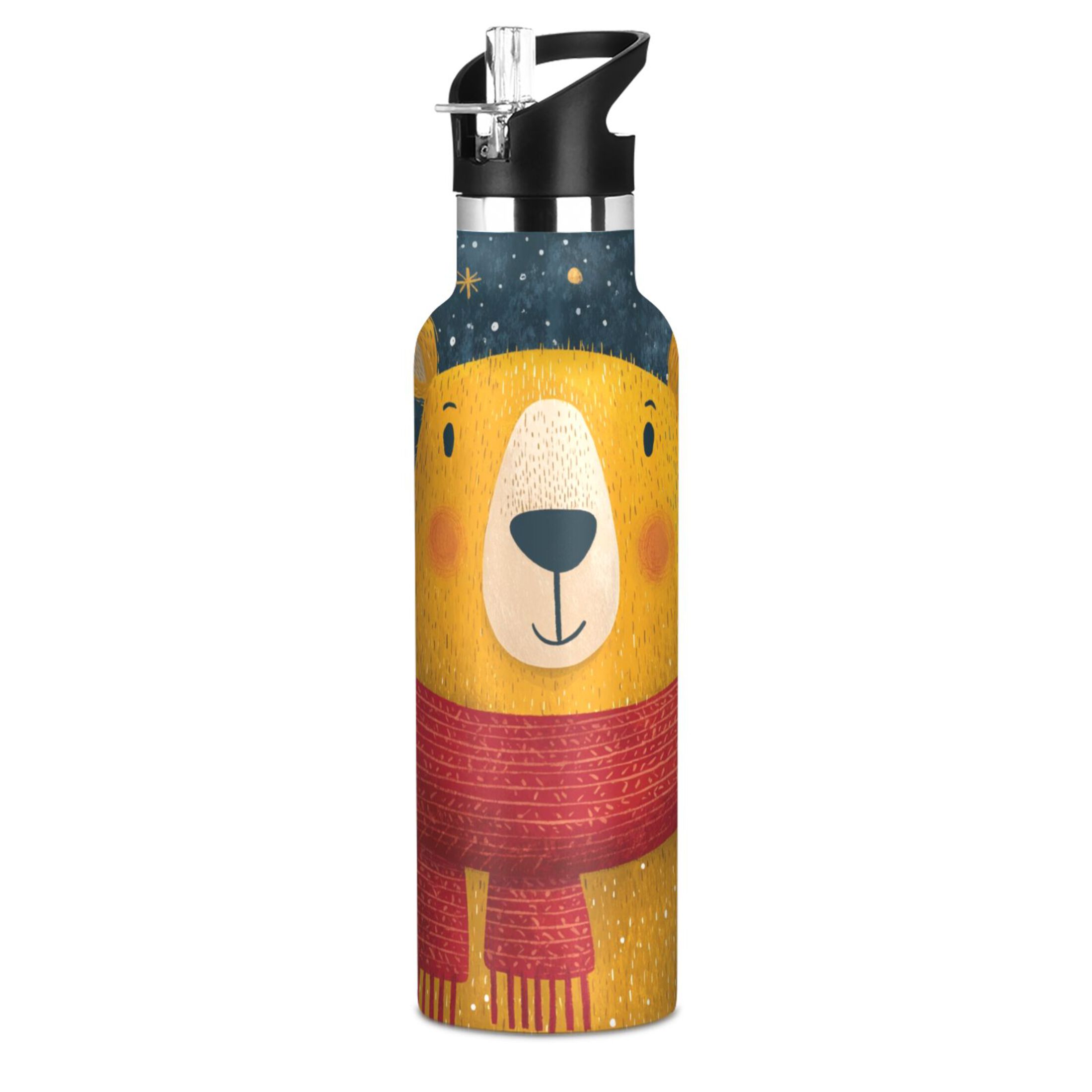 600ML Stainless Steel Insulated Cup Sports Water Bottle Portable Thermos Cup Water Glasses Insulated Tumblers Convenient and Durable Cartoon Christmas Yellow Bear