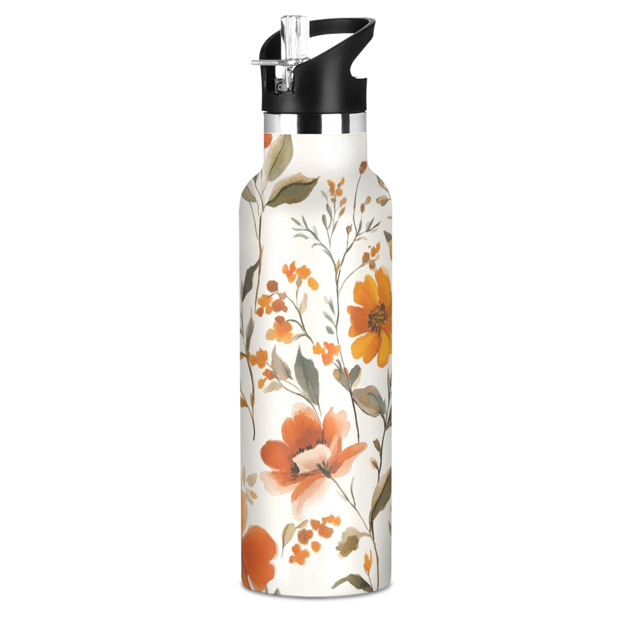 600ML Stainless Steel Insulated Cup Sports Water Bottle Portable Thermos Cup Water Glasses Insulated Tumblers Convenient and Durable Cartoon Coral Flowers Seamless