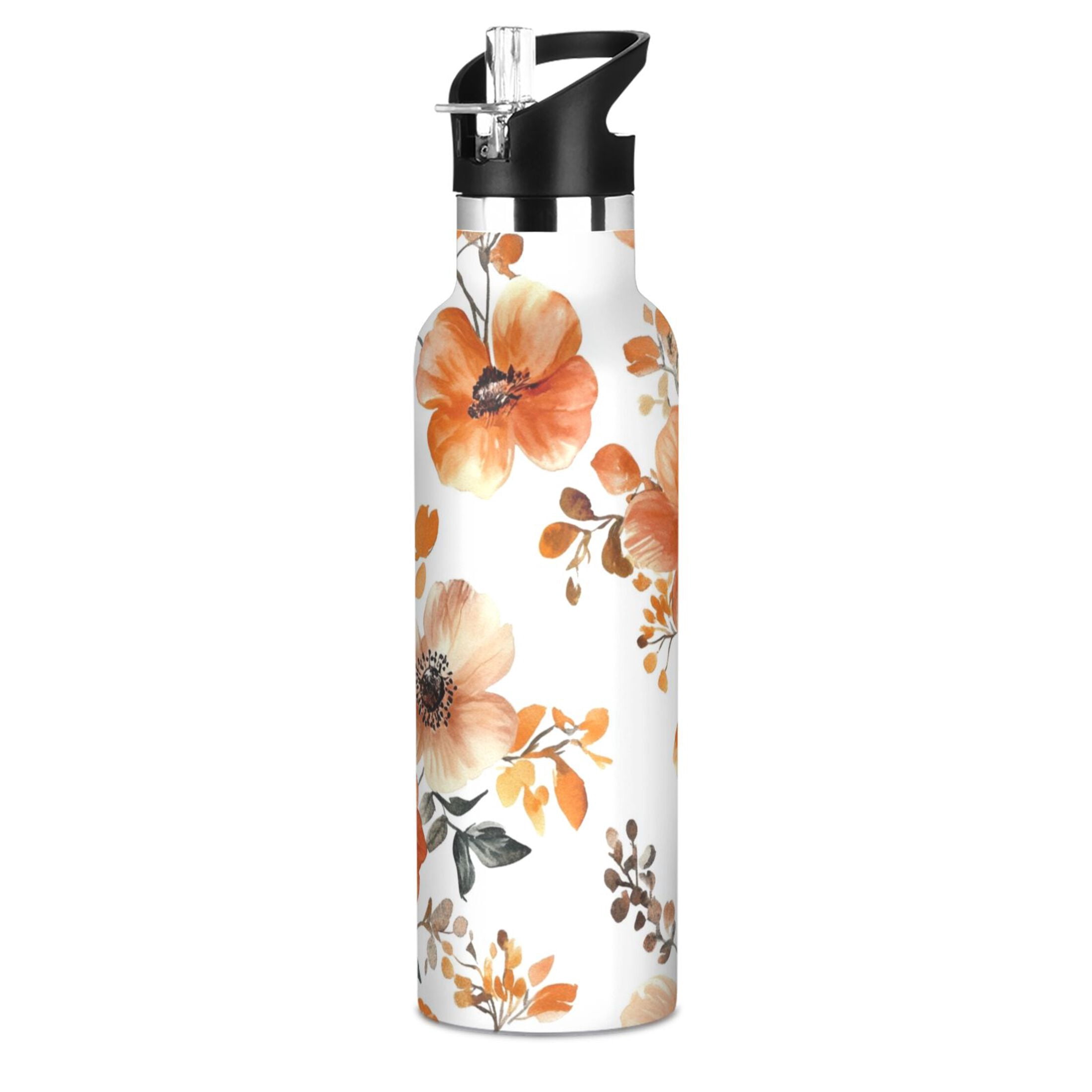 600ML Stainless Steel Insulated Cup Sports Water Bottle Portable Thermos Cup Water Glasses Insulated Tumblers Convenient and Durable Cartoon Coral Flowers