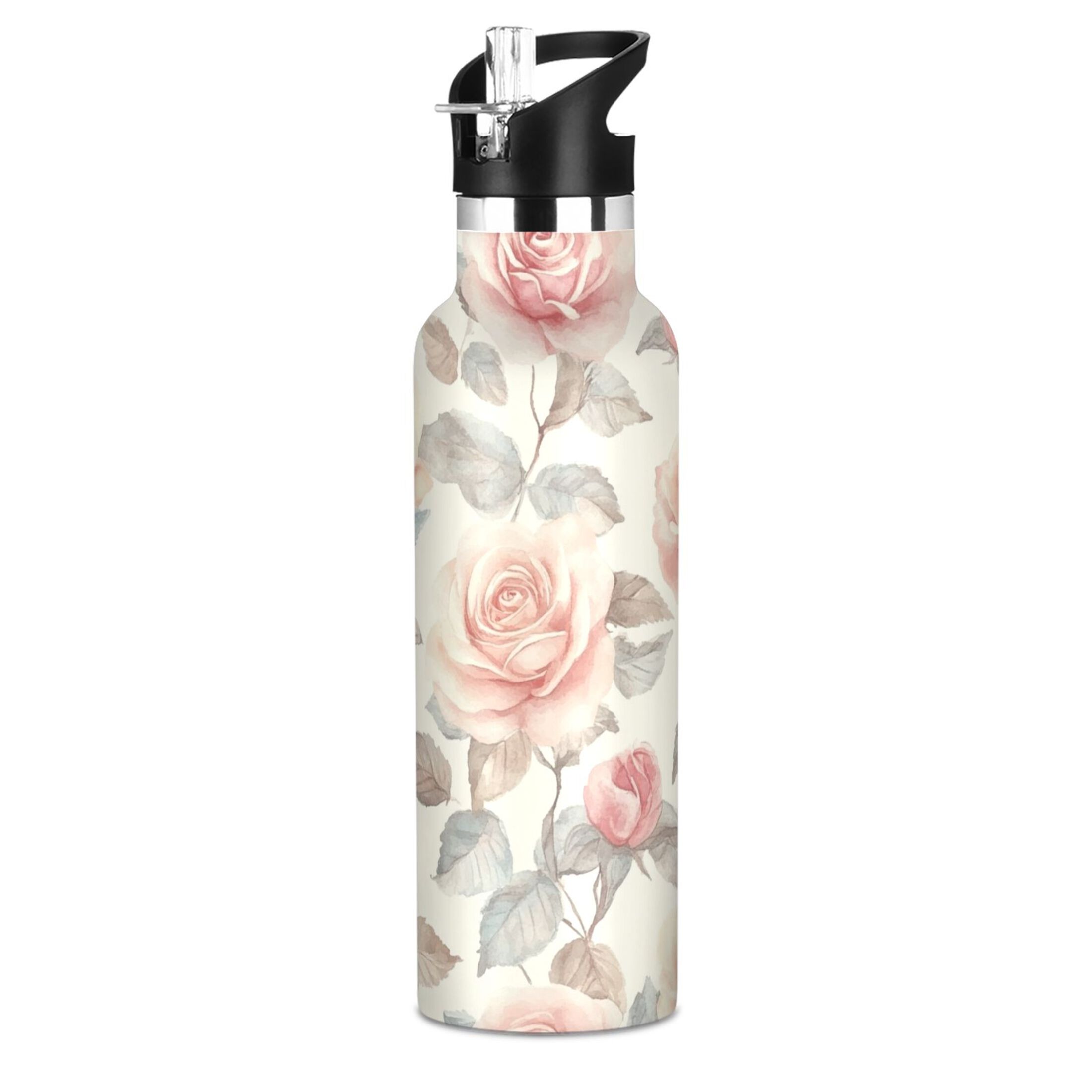 600ML Stainless Steel Insulated Cup Sports Water Bottle Portable Thermos Cup Water Glasses Insulated Tumblers Convenient and Durable Cartoon Coral Roses