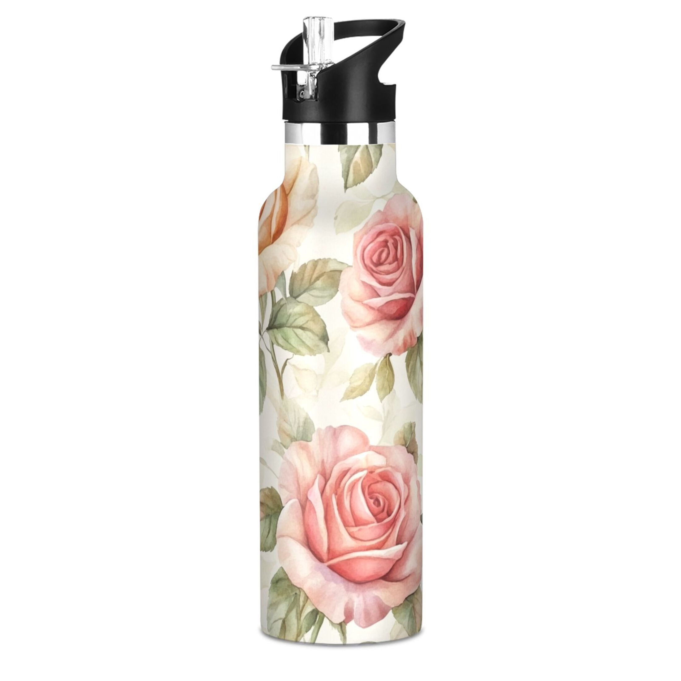 600ML Stainless Steel Insulated Cup Sports Water Bottle Portable Thermos Cup Water Glasses Insulated Tumblers Convenient and Durable Cartoon Coral Roses Seamless