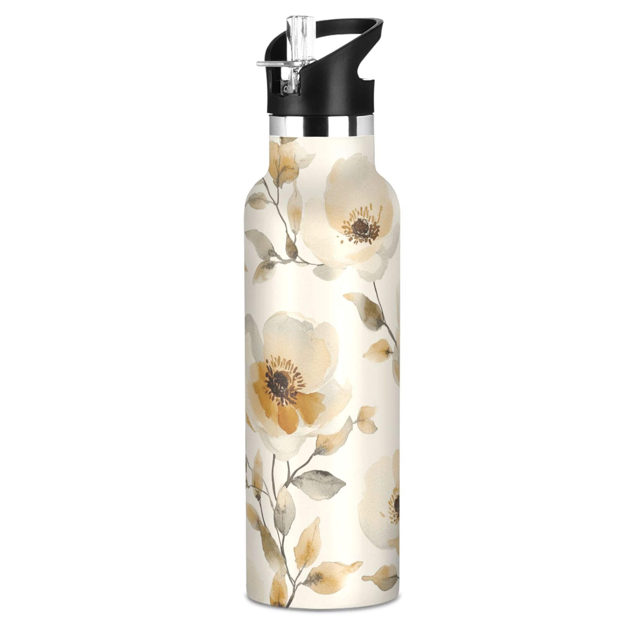 600ML Stainless Steel Insulated Cup Sports Water Bottle Portable Thermos Cup Water Glasses Insulated Tumblers Convenient and Durable Cartoon Cream Flowers Seamless