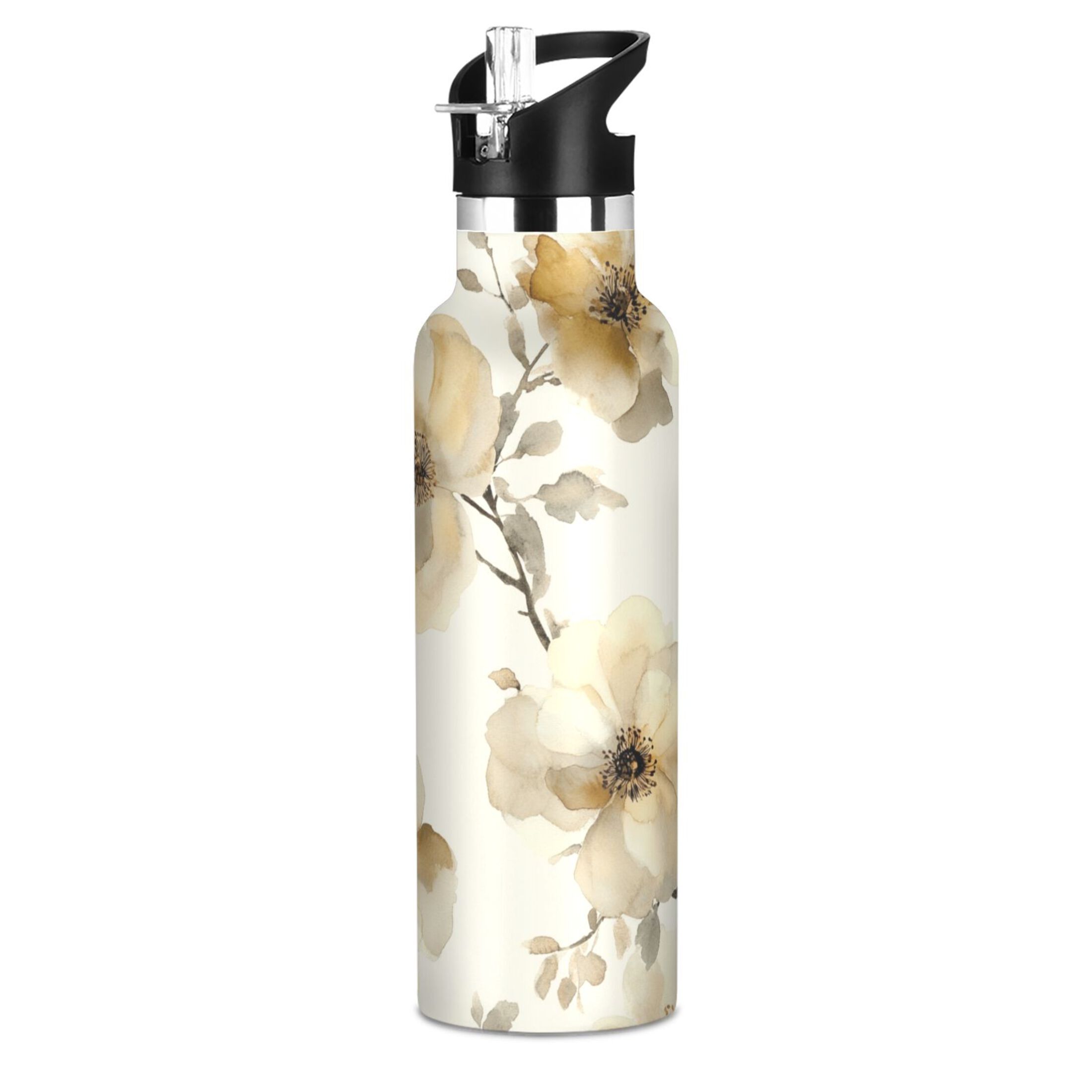 600ML Stainless Steel Insulated Cup Sports Water Bottle Portable Thermos Cup Water Glasses Insulated Tumblers Convenient and Durable Cartoon Cream Flowers