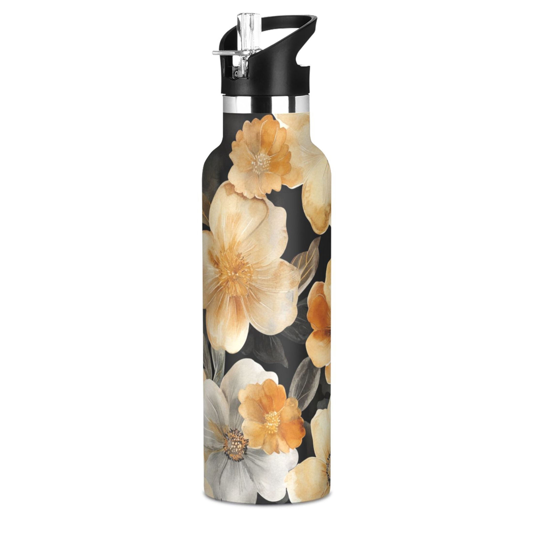 600ML Stainless Steel Insulated Cup Sports Water Bottle Portable Thermos Cup Water Glasses Insulated Tumblers Convenient and Durable Cartoon Gold Flowers Seamless