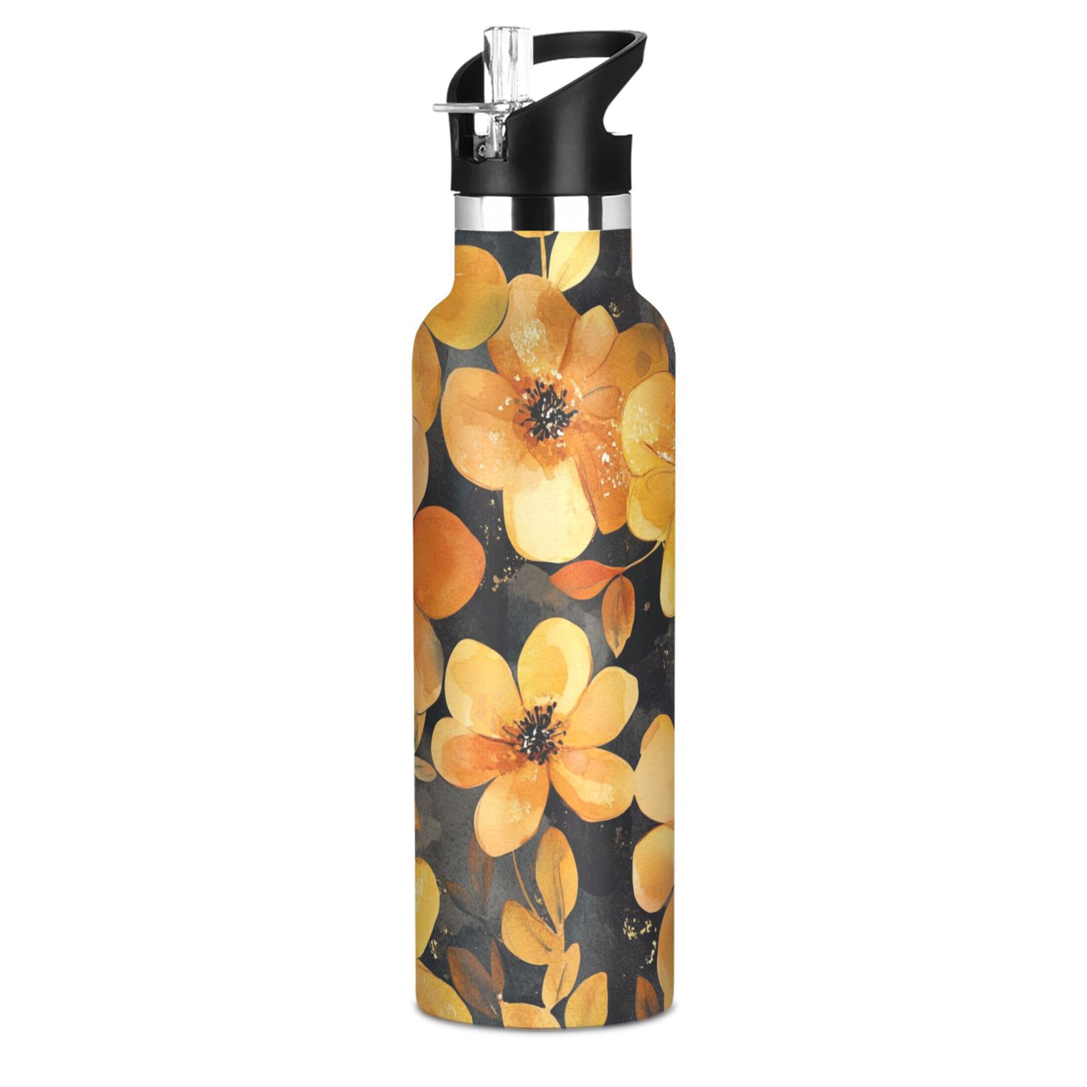 600ML Stainless Steel Insulated Cup Sports Water Bottle Portable Thermos Cup Water Glasses Insulated Tumblers Convenient and Durable Cartoon Gold Flowers