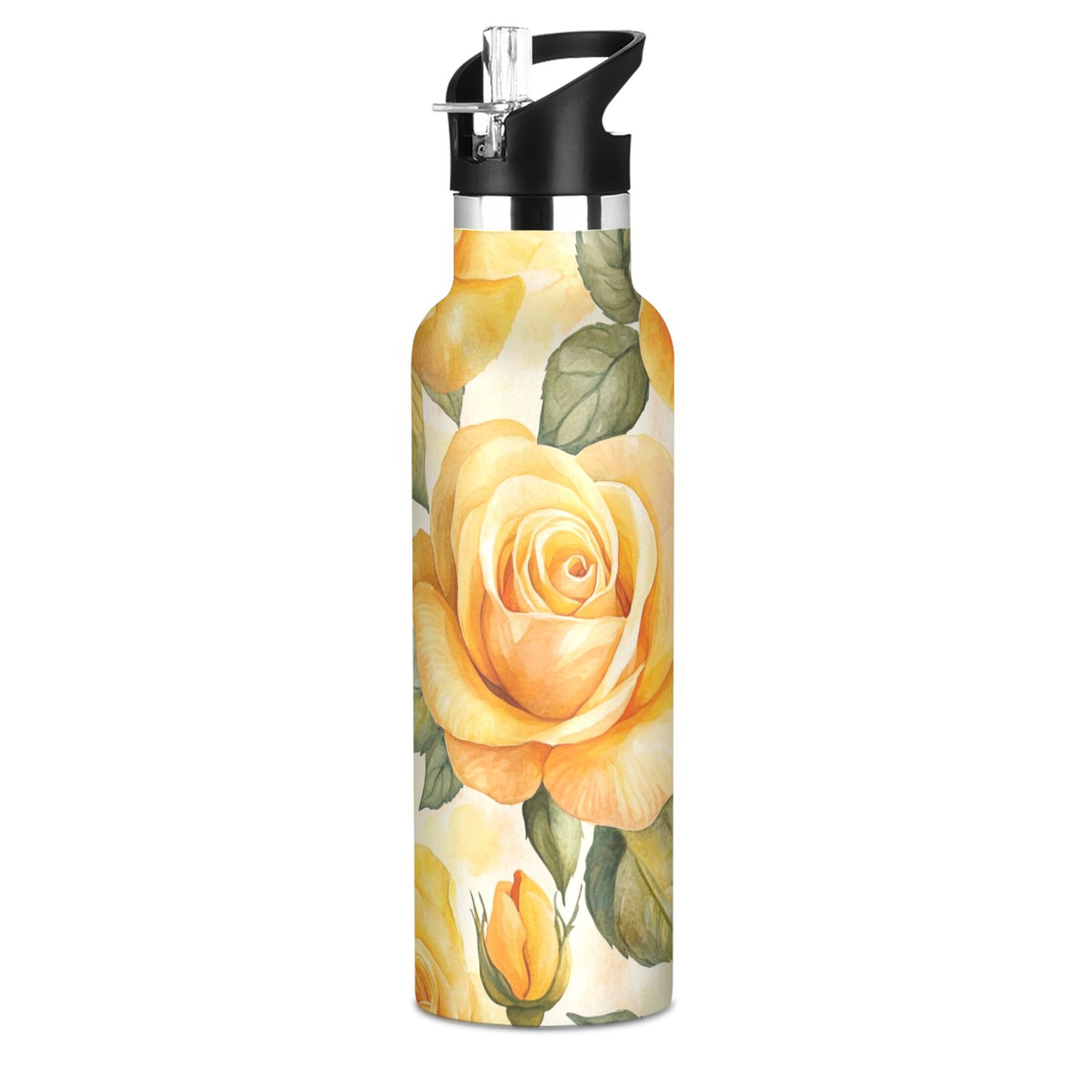 600ML Stainless Steel Insulated Cup Sports Water Bottle Portable Thermos Cup Water Glasses Insulated Tumblers Convenient and Durable Cartoon Gold Roses Seamless