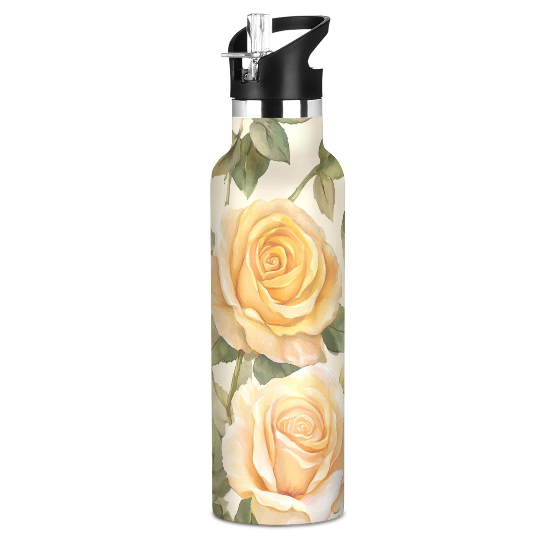 600ML Stainless Steel Insulated Cup Sports Water Bottle Portable Thermos Cup Water Glasses Insulated Tumblers Convenient and Durable Cartoon Gold Roses