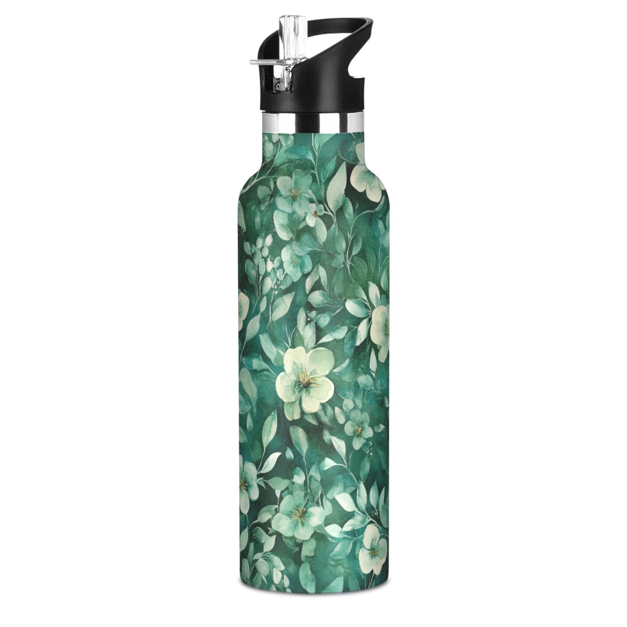 600ML Stainless Steel Insulated Cup Sports Water Bottle Portable Thermos Cup Water Glasses Insulated Tumblers Convenient and Durable Cartoon Green Flowers Seamless
