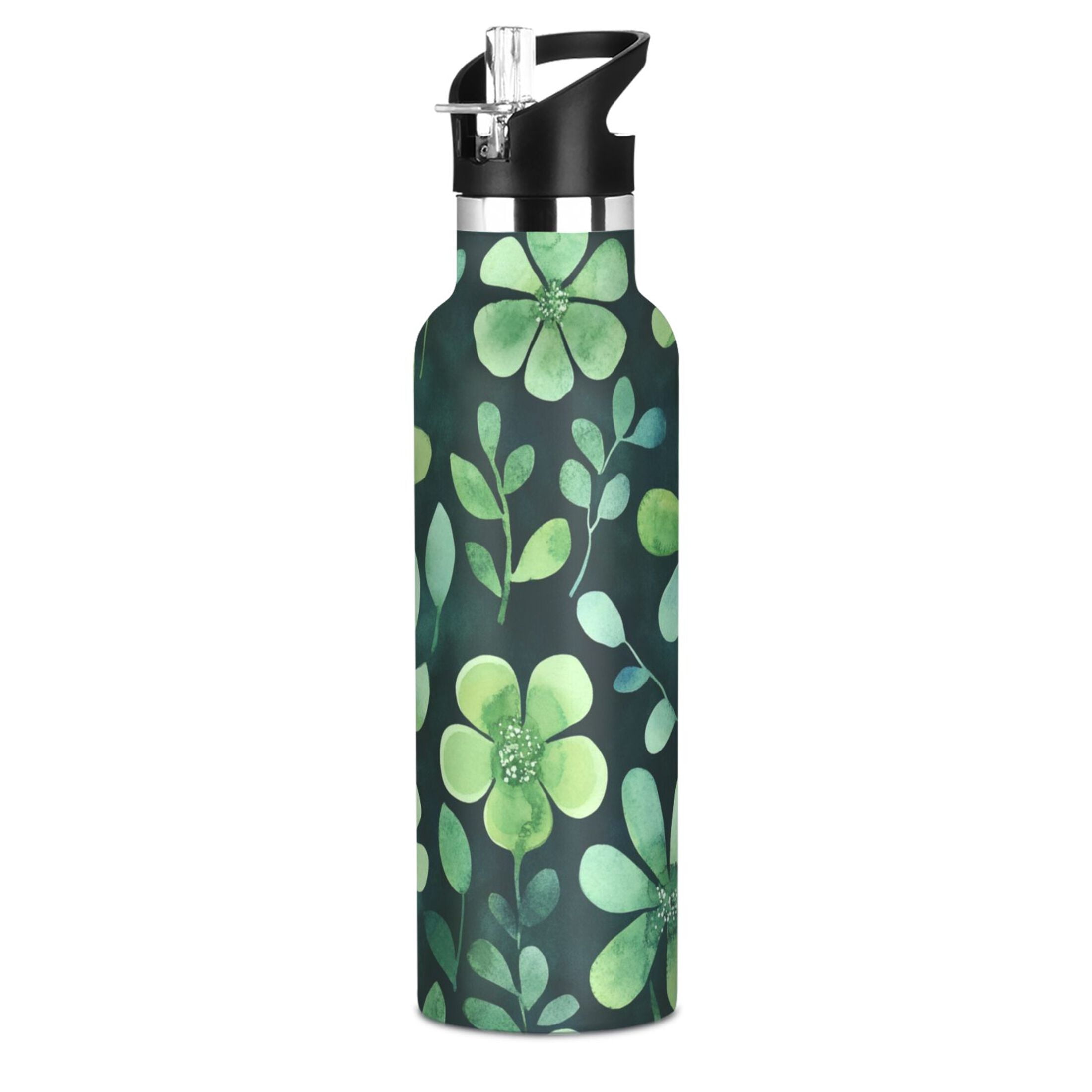 600ML Stainless Steel Insulated Cup Sports Water Bottle Portable Thermos Cup Water Glasses Insulated Tumblers Convenient and Durable Cartoon Green Flowers